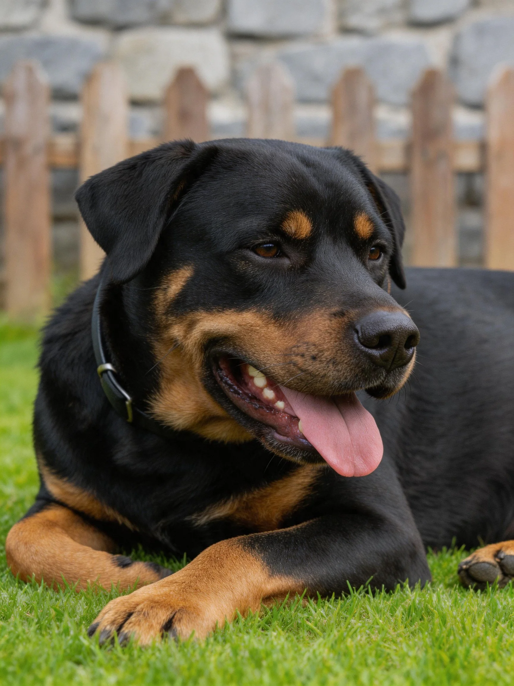Black and tan Rottweiler resting on green grass near wooden fence