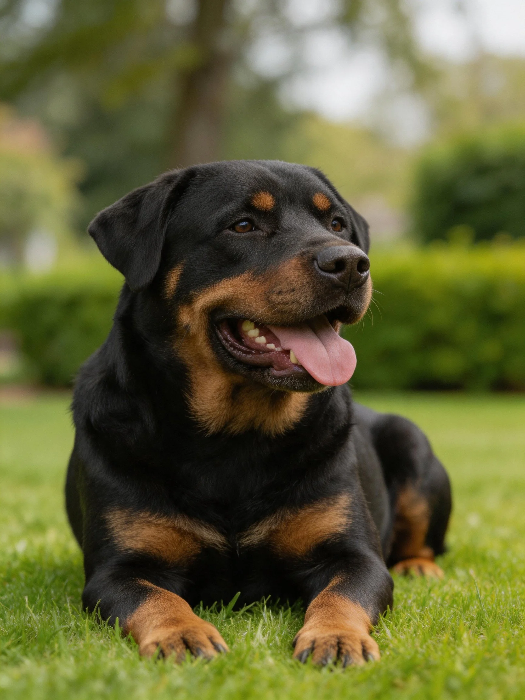 Black and tan Rottweiler resting on green grass outdoors