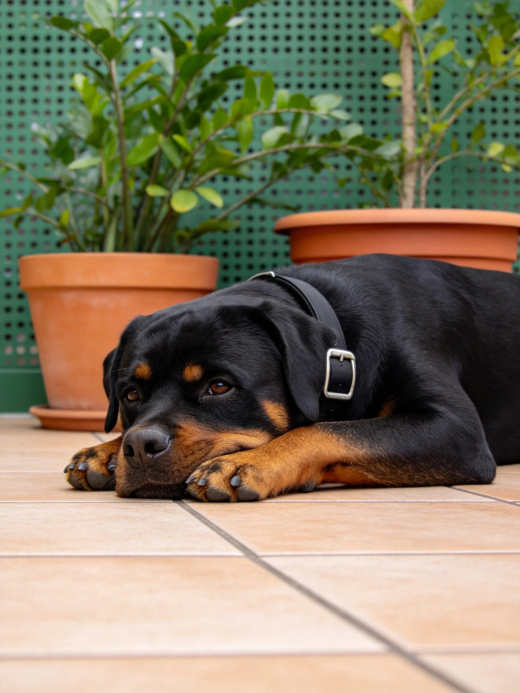 A black and tan Rottweiler lies near terracotta planters on a tiled patio.