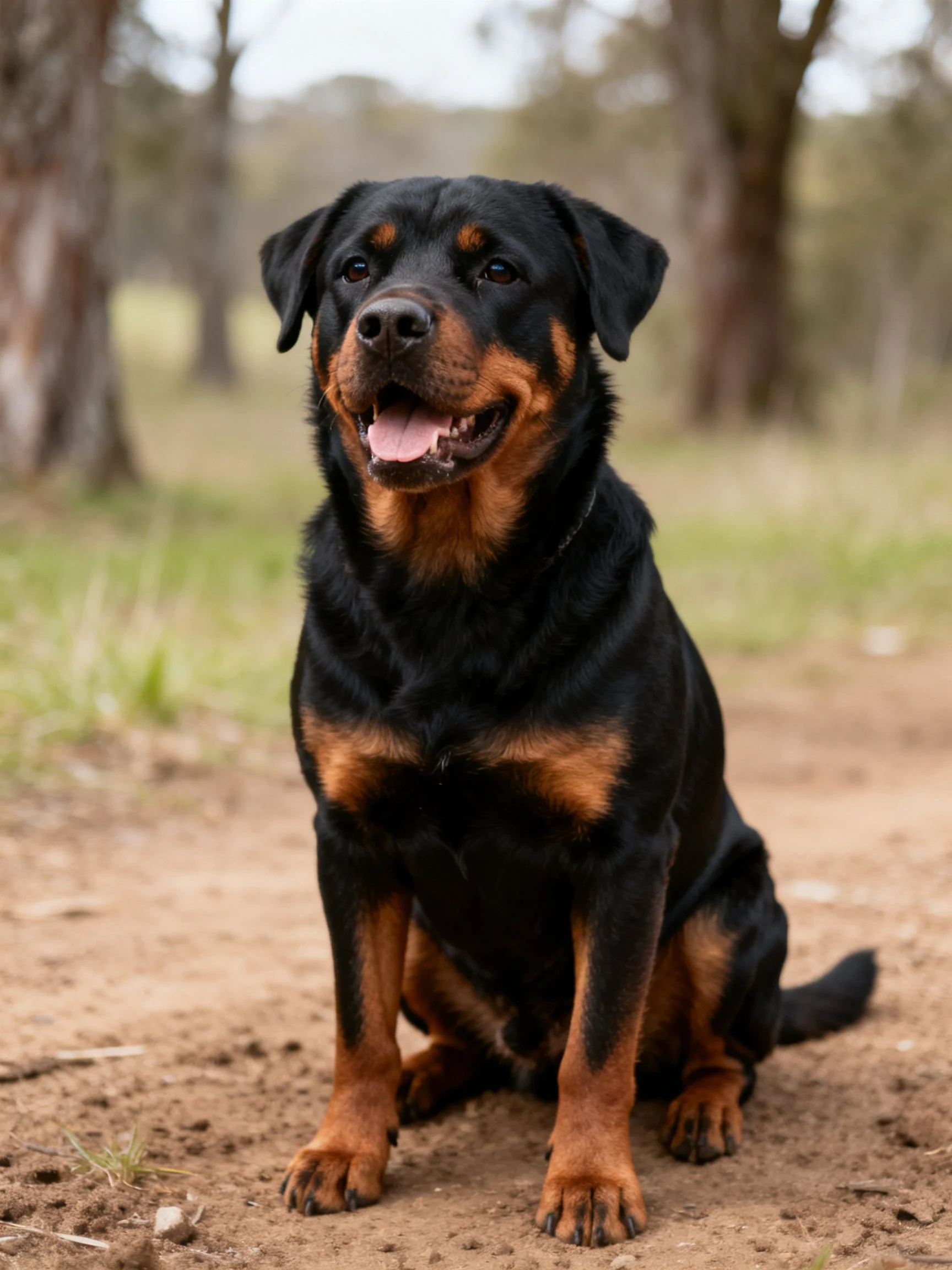 A black and tan Rottweiler sits calmly on a dirt path in an outdoor setting.