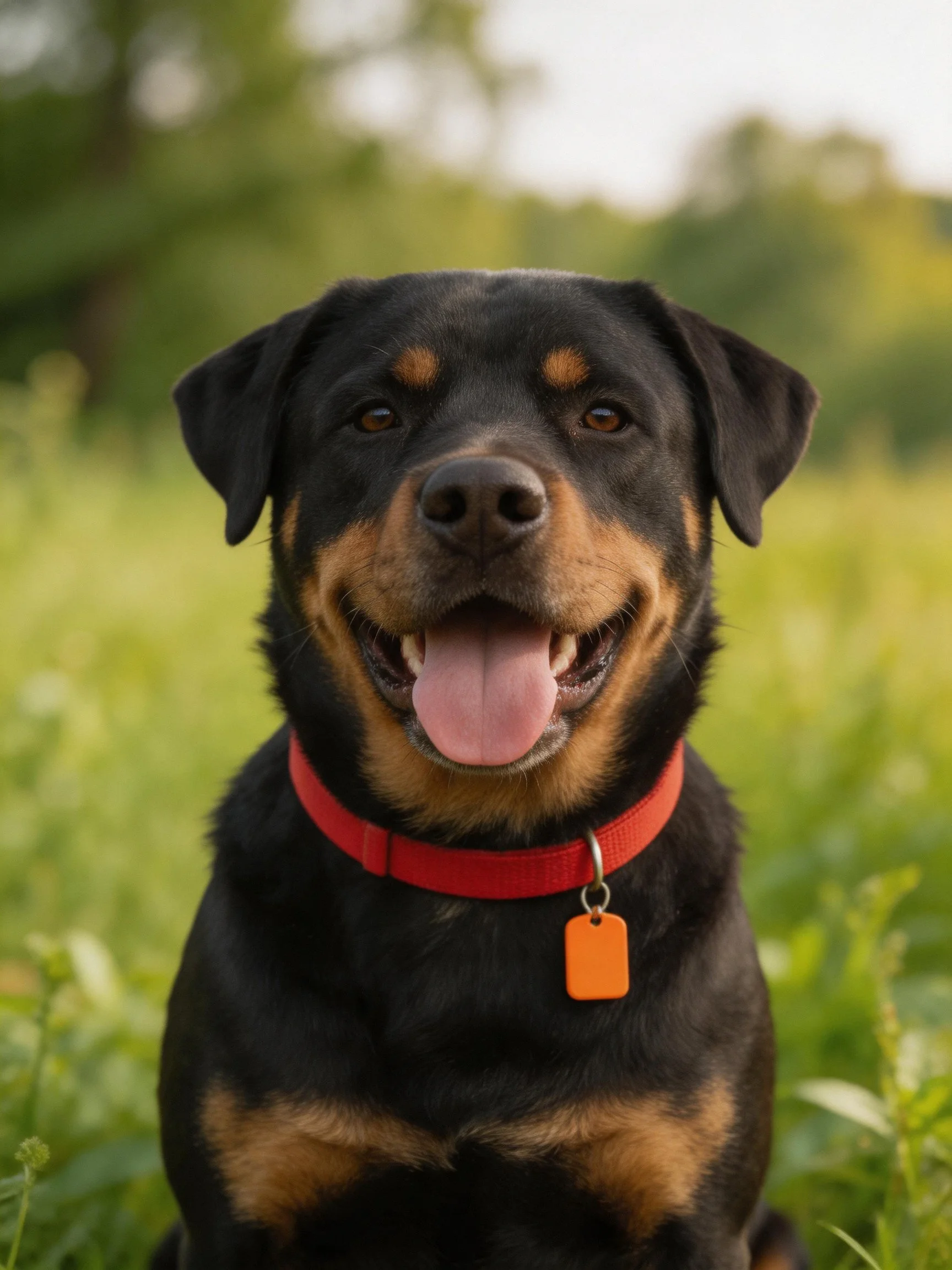 A black and tan Rottweiler wears a red collar while sitting in a lush green outdoor area.