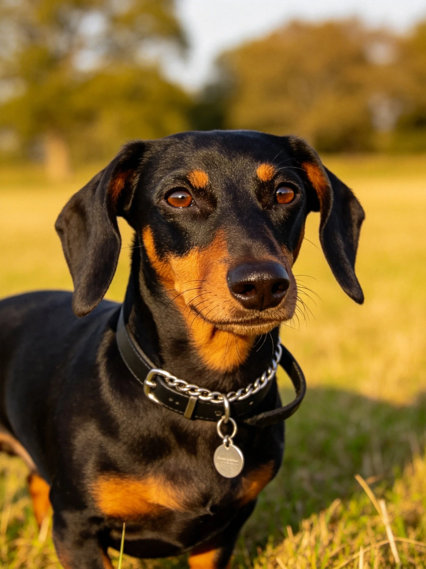 A black and tan dachshund stands in a sunlit outdoor setting.