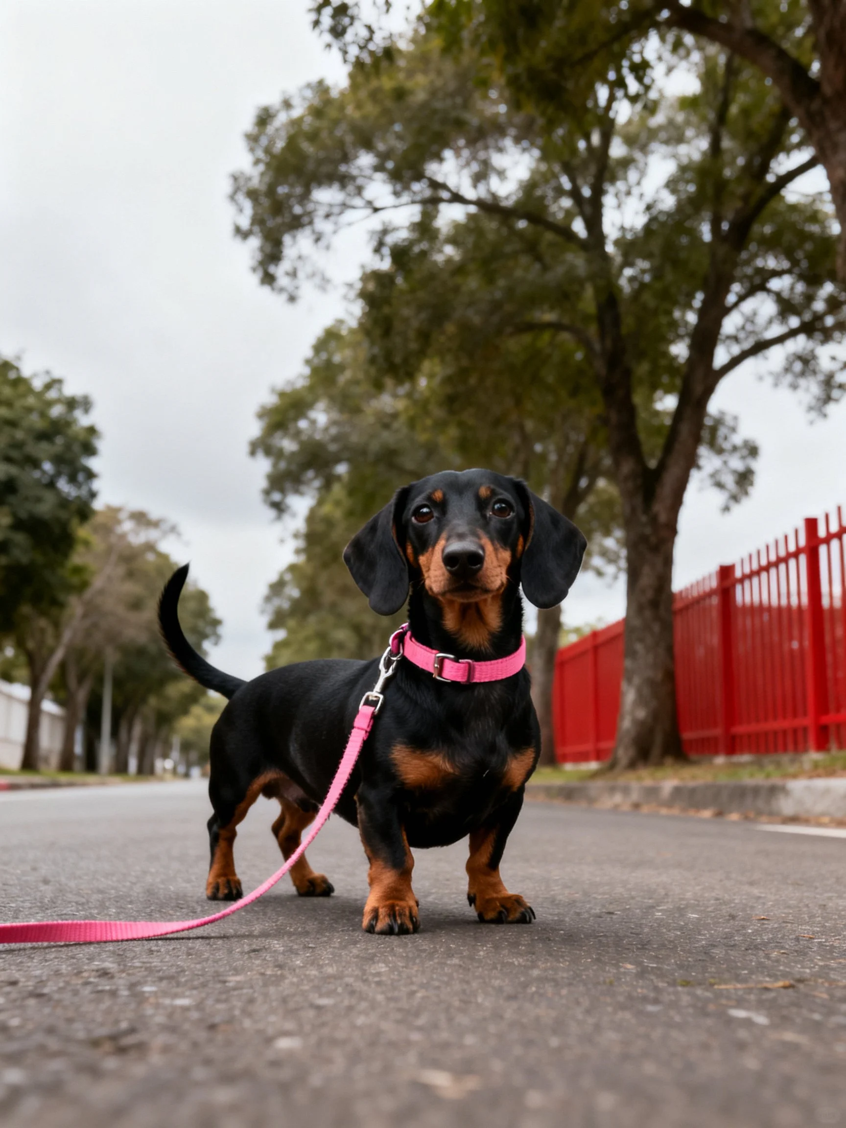 Black and tan dachshund with pink collar on quiet street