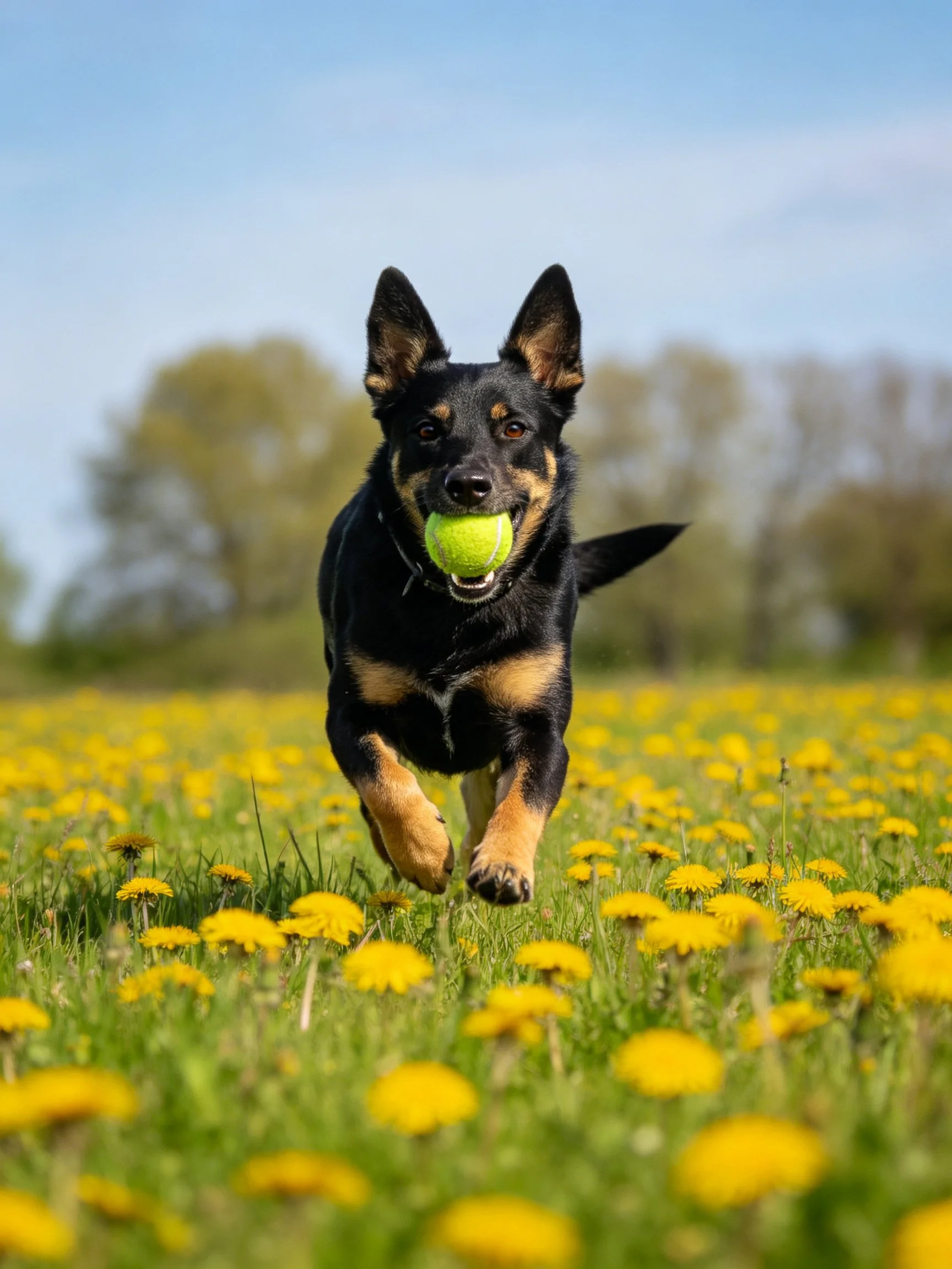 Black and tan dog carrying tennis ball in yellow flower field