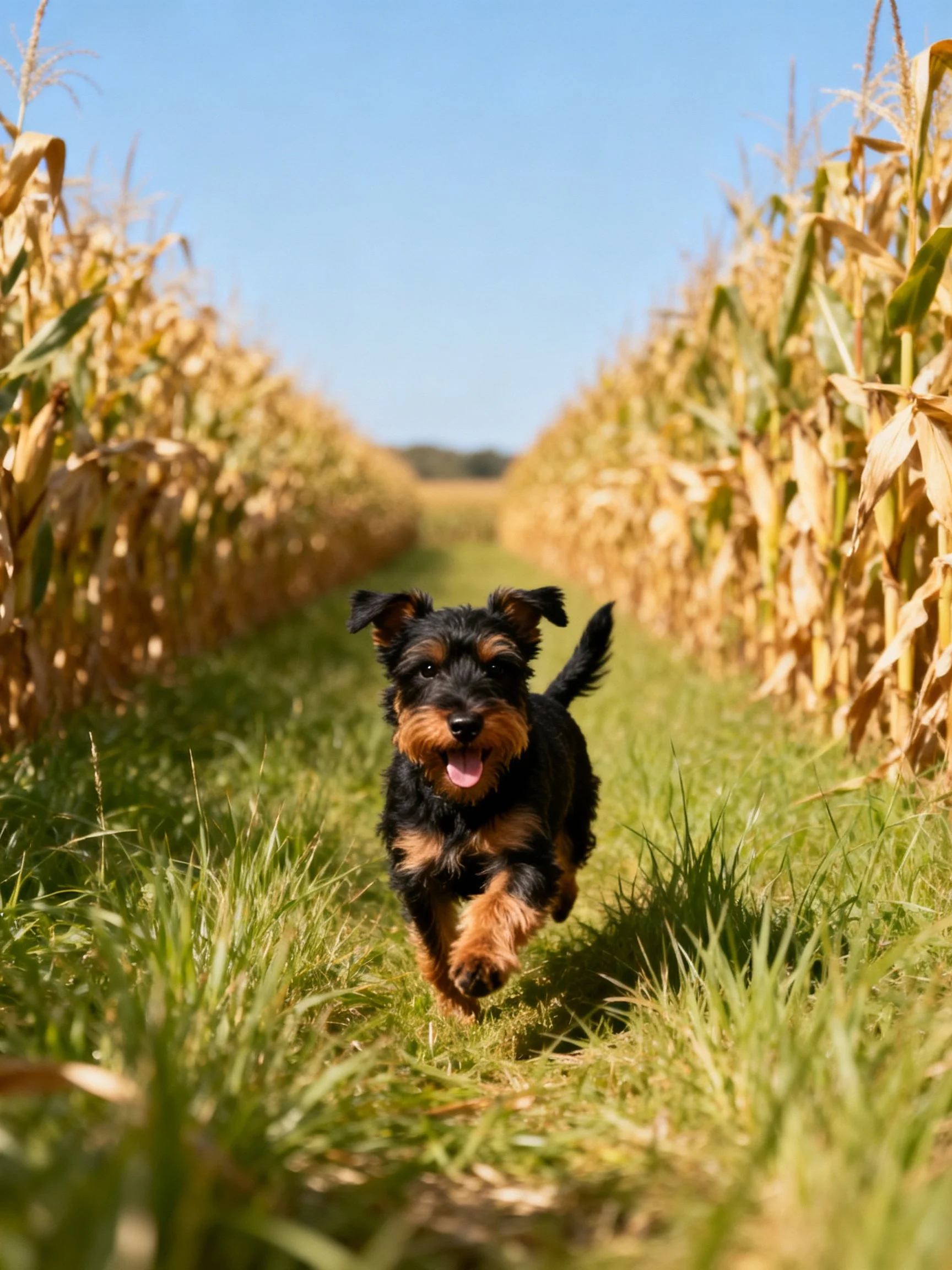 A black and tan dog happily runs through a cornfield path.