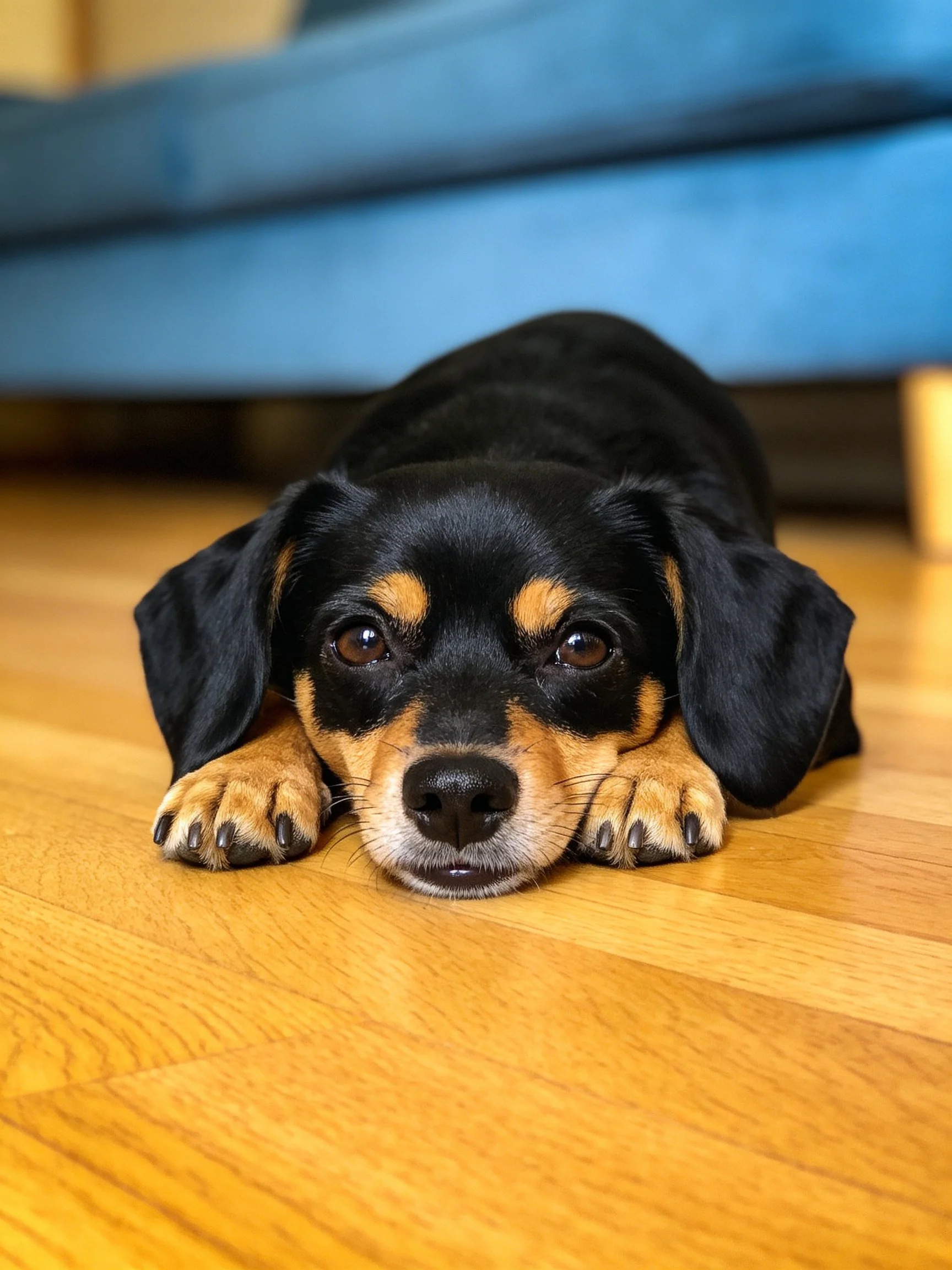 A black and tan dog lies on a wooden floor with a blue couch in the background.