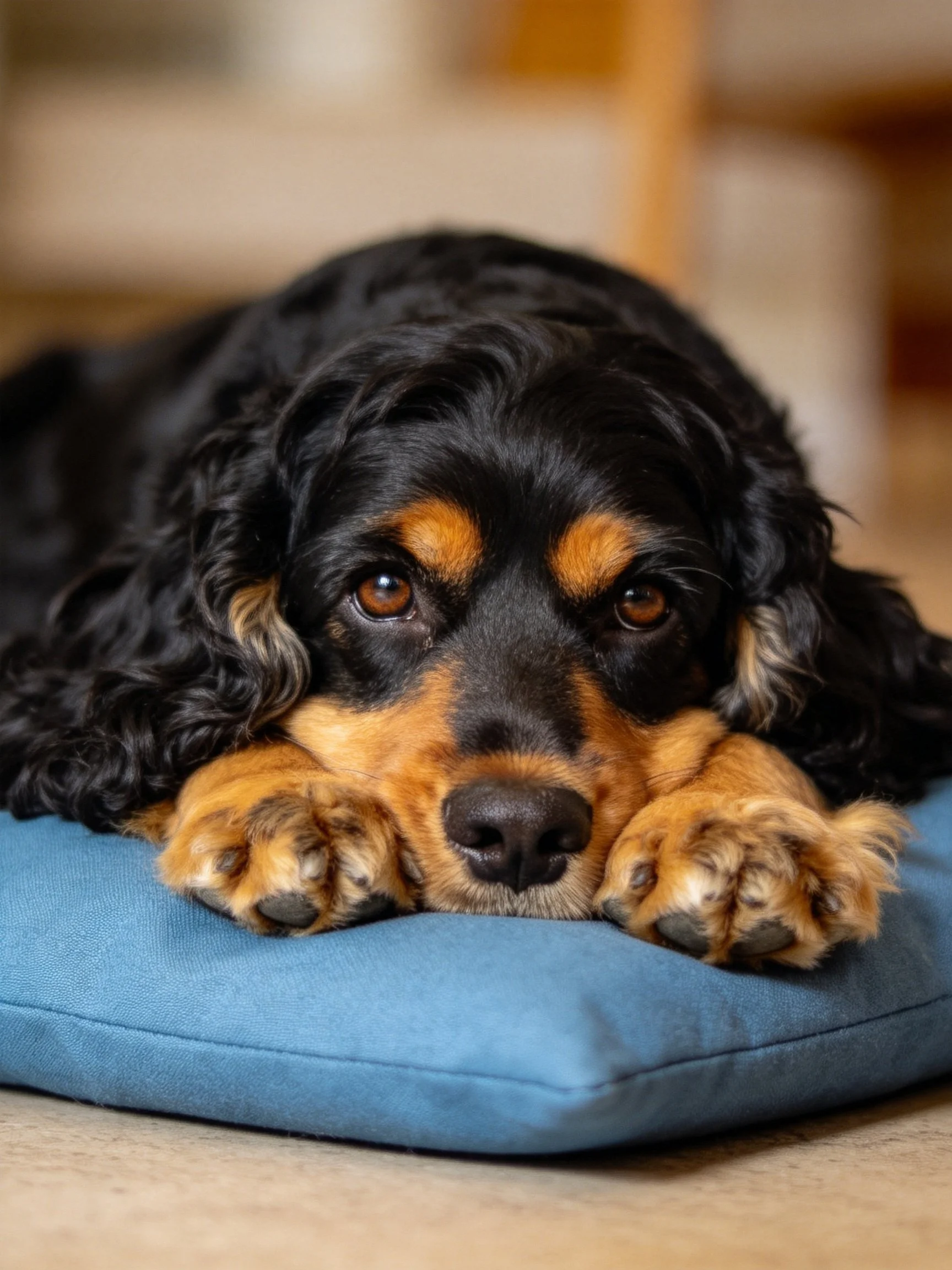 A black and tan dog rests on a blue cushion indoors.