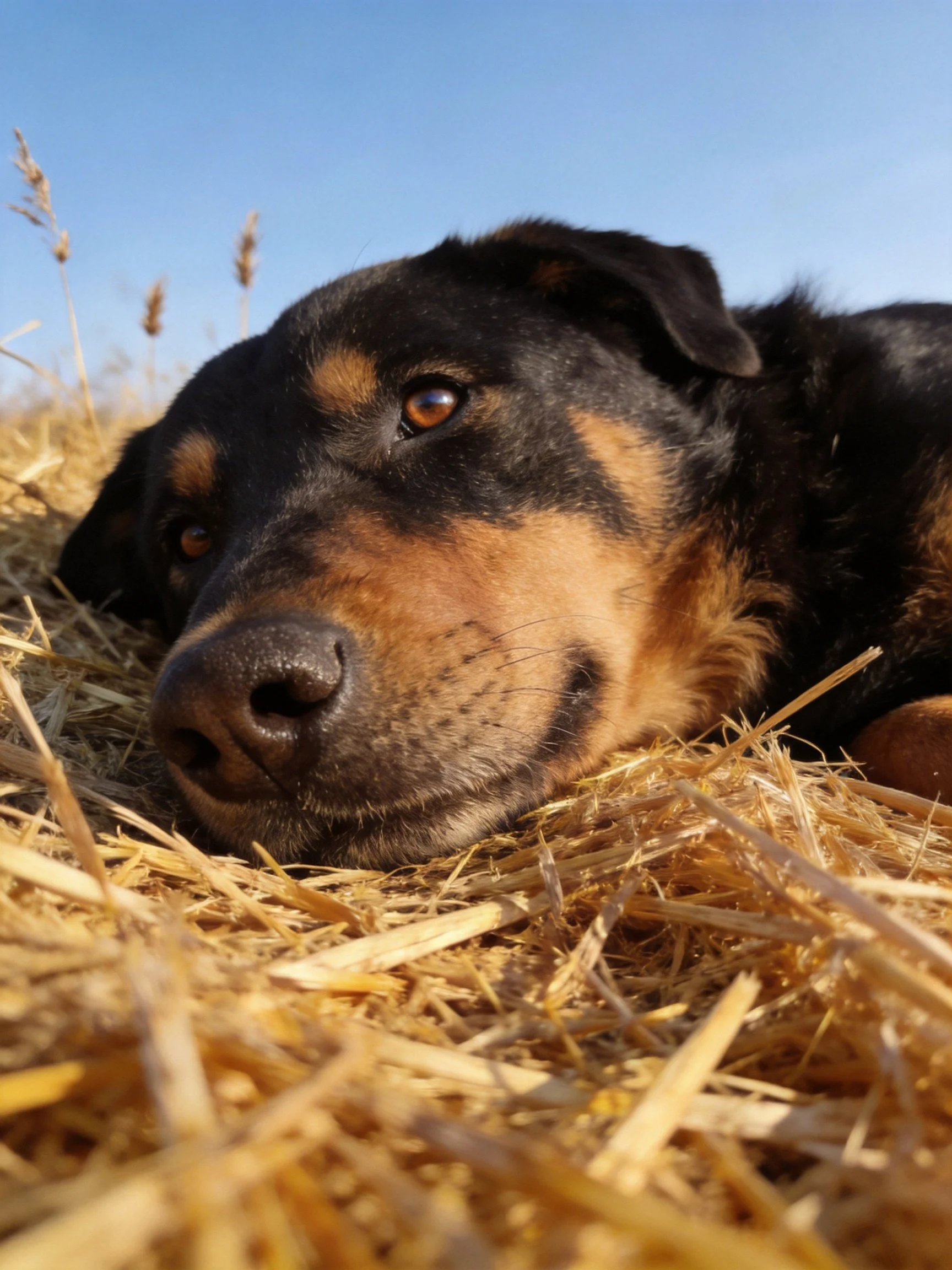 A black and tan dog relaxes on straw in a sunny open field.