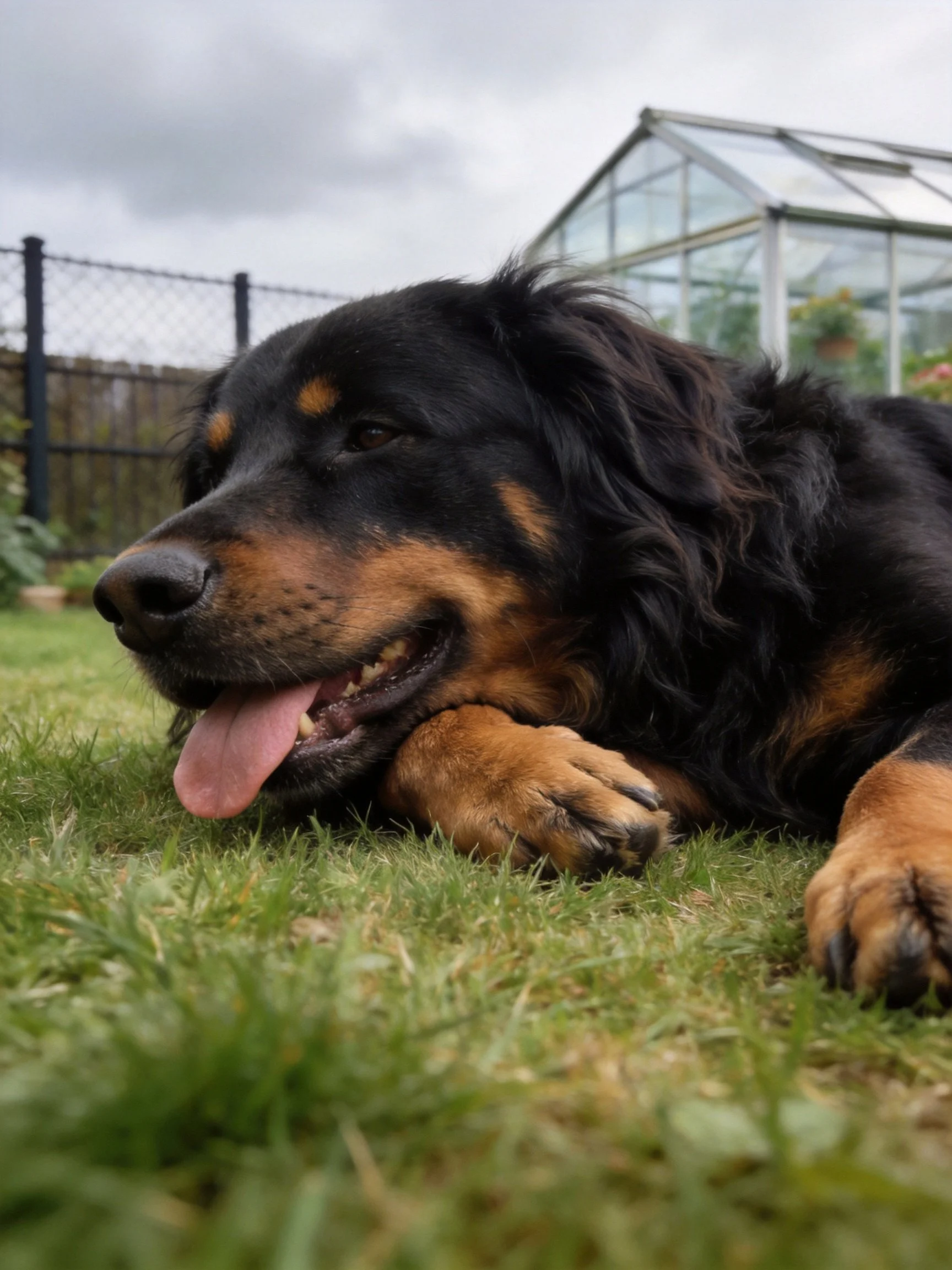 Black and tan dog resting on grass near greenhouse