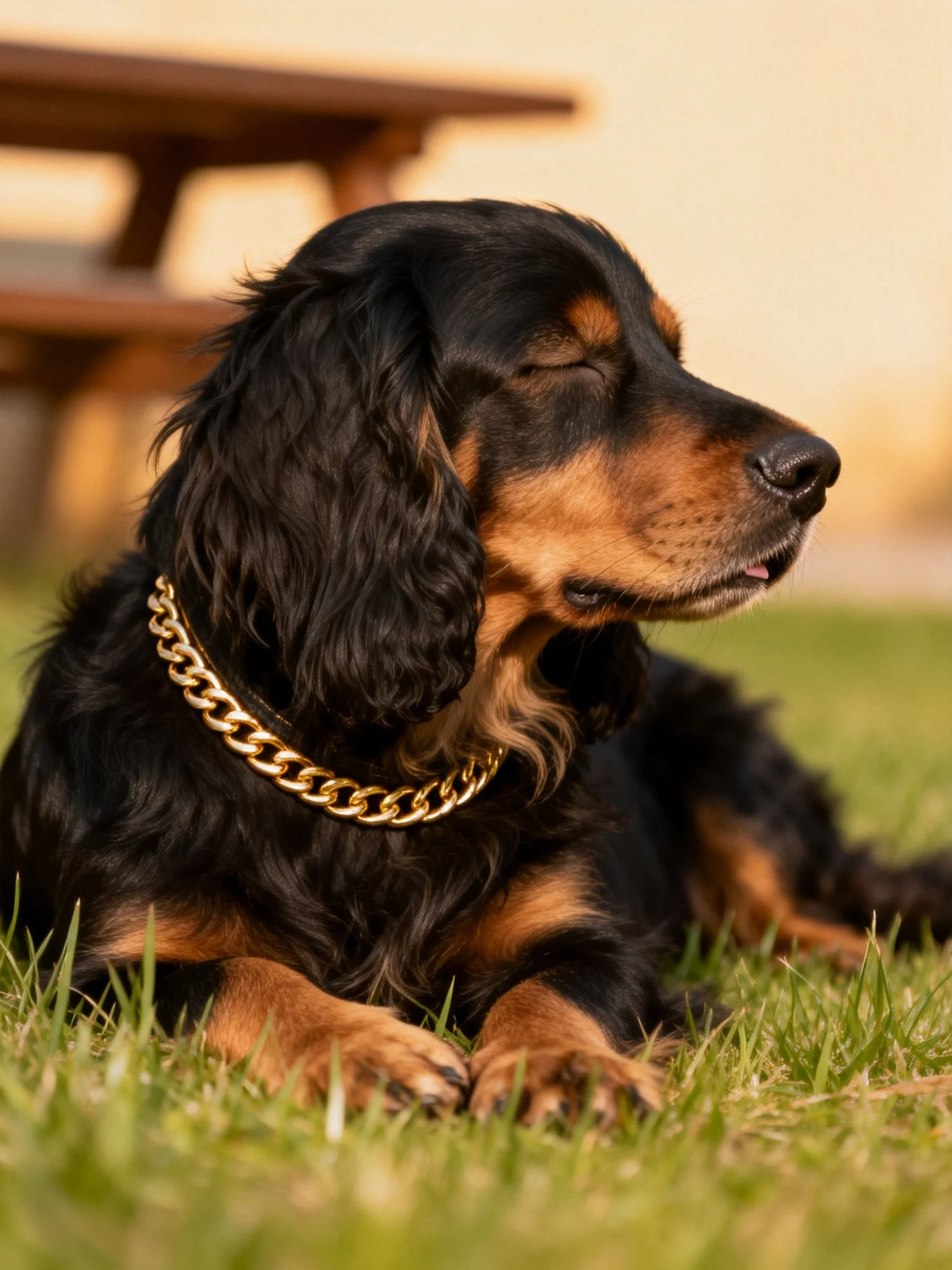 A black and tan dog relaxes on grass while wearing a gold chain collar.
