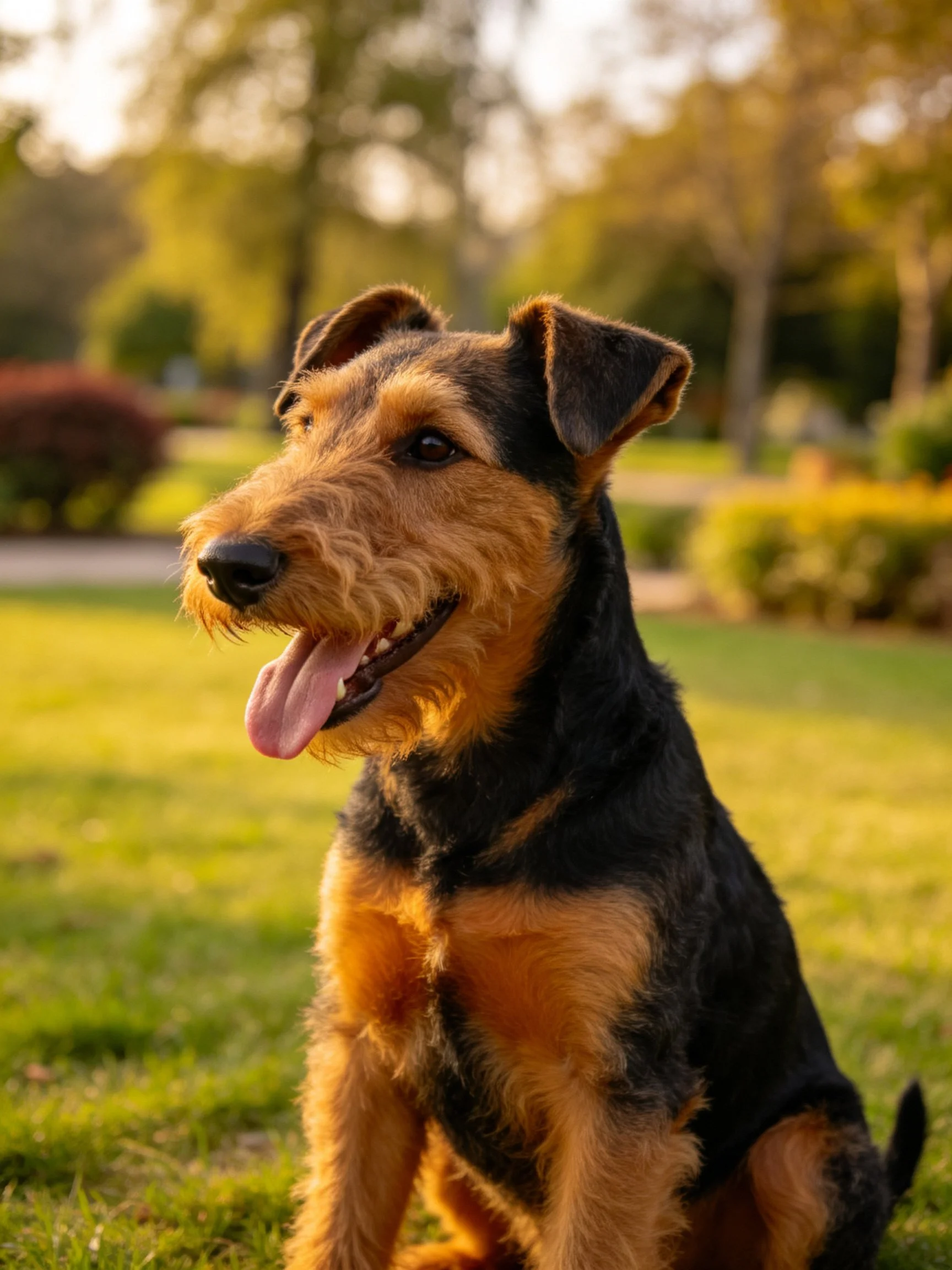 Black and tan dog sitting on grass in sunlit park