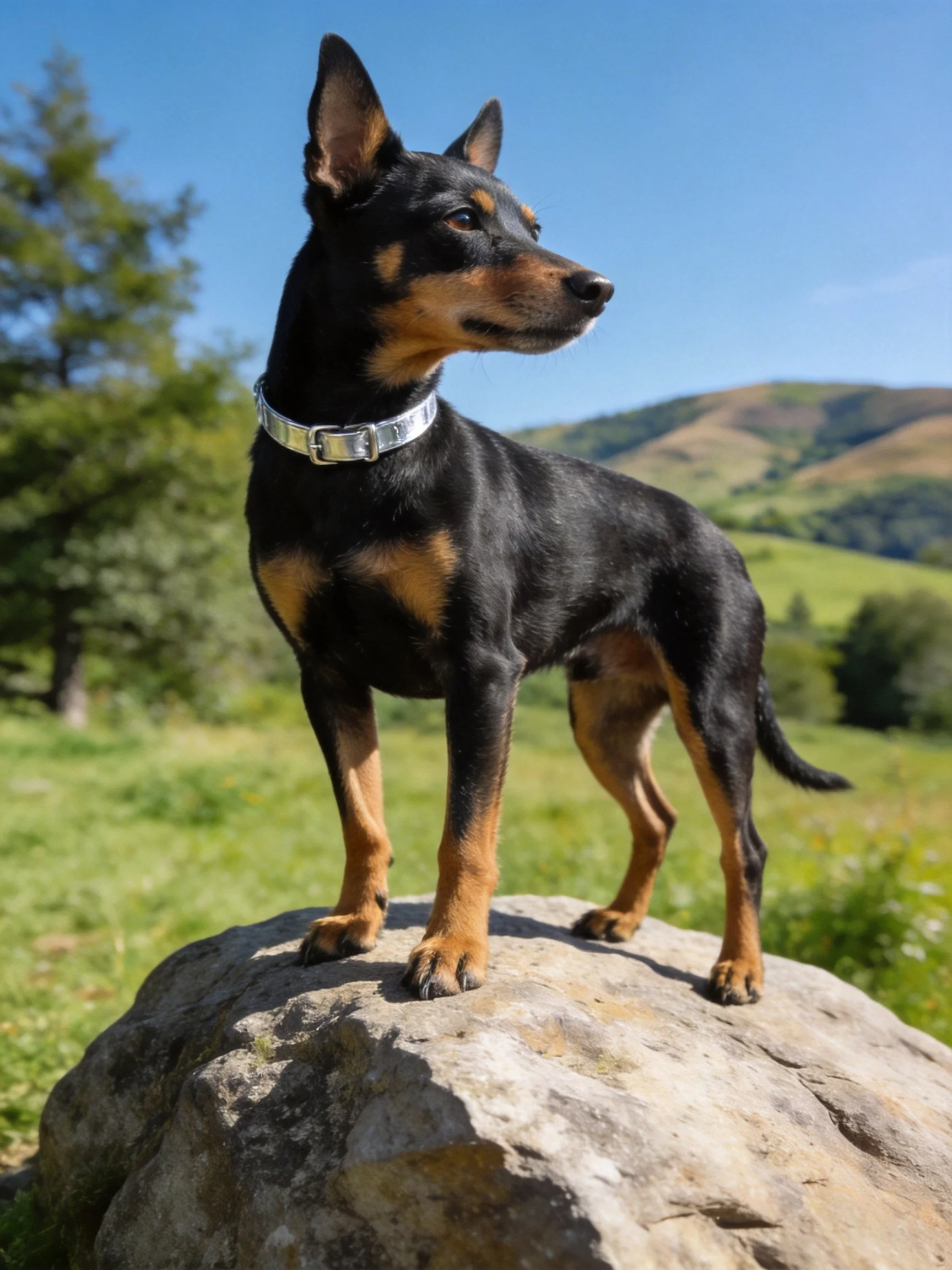 A black and tan dog stands on a rock in a sunny outdoor setting with hills and trees.