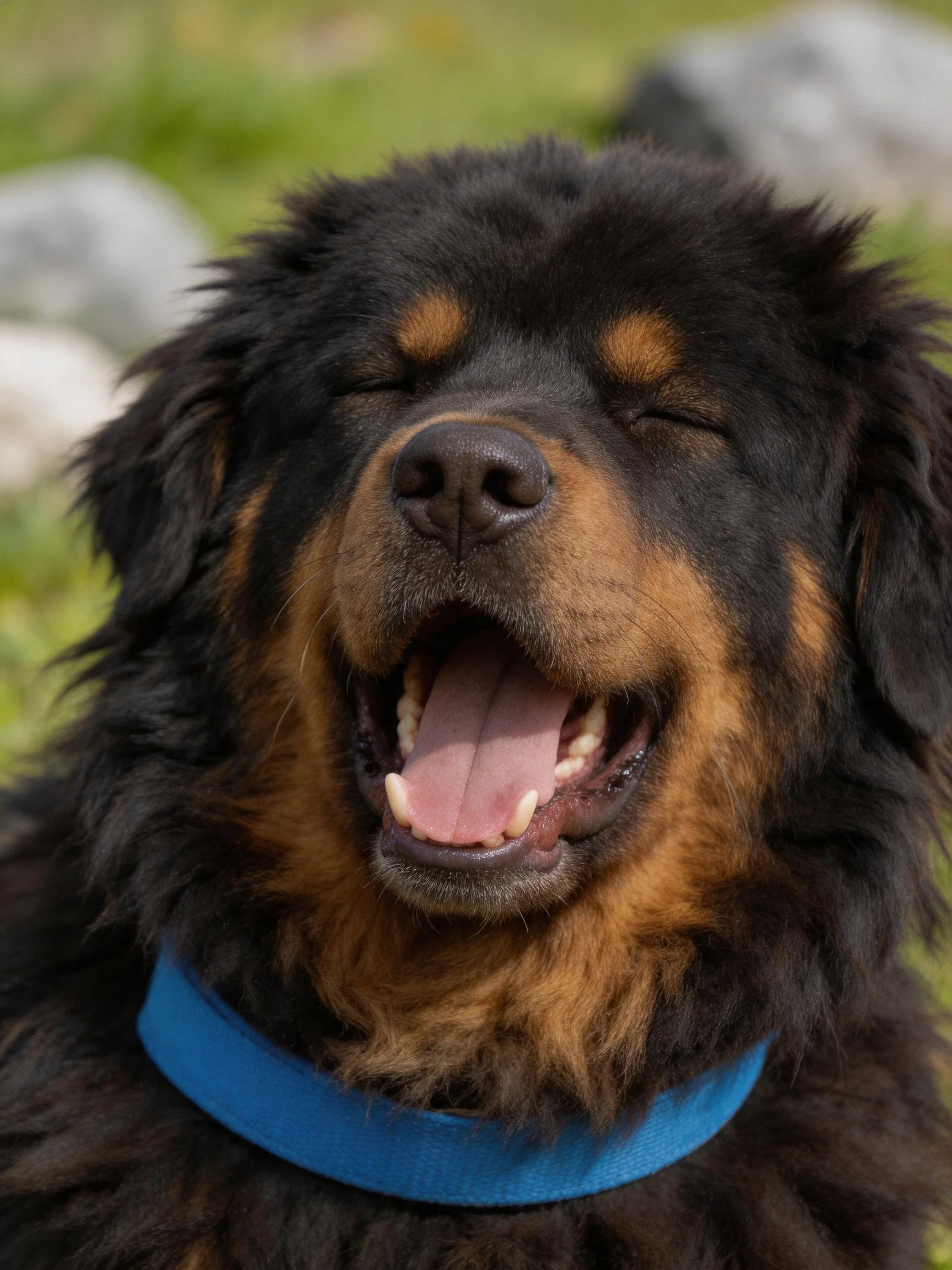 A black and tan dog yawns happily while wearing a blue collar.