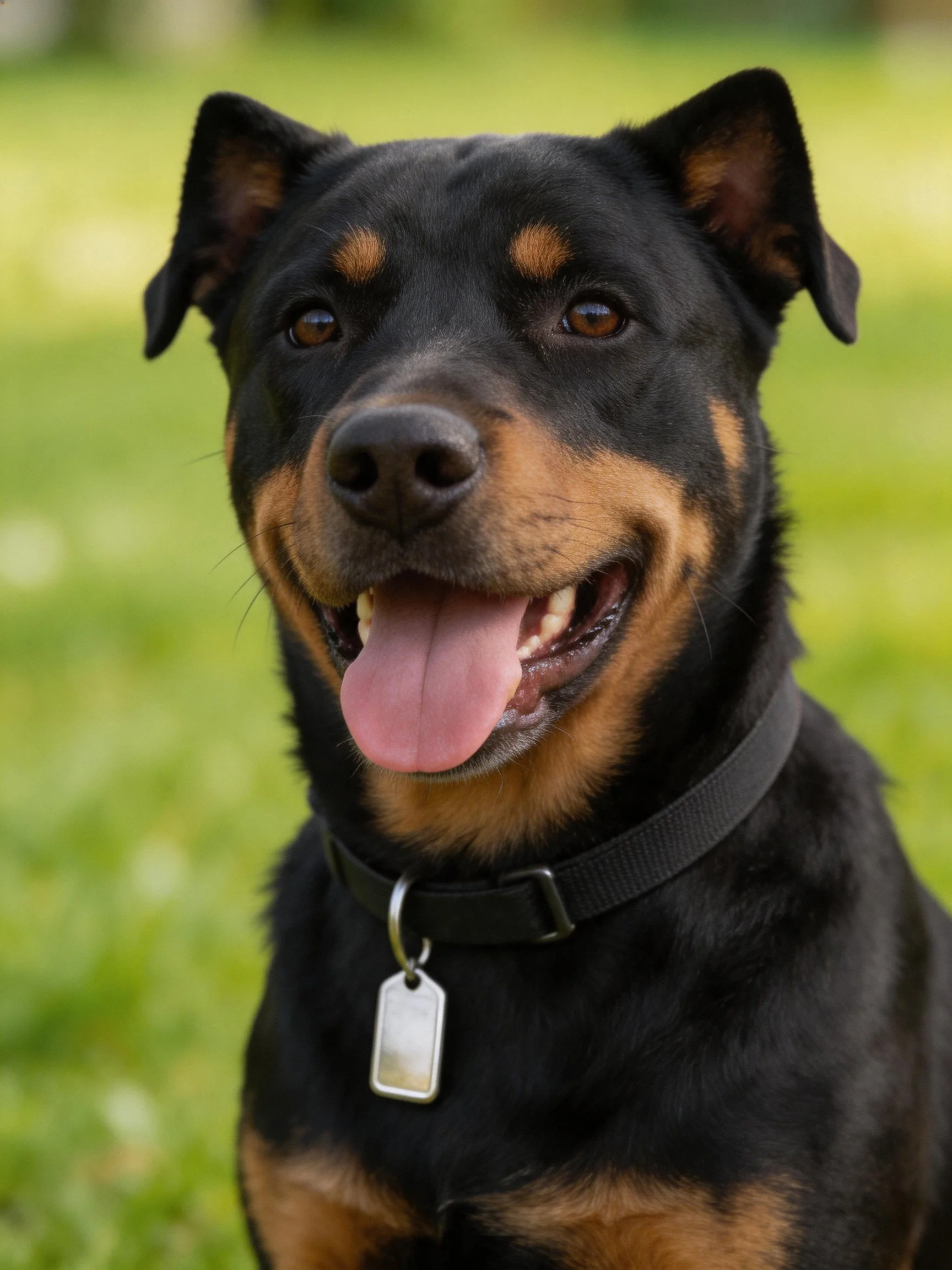 A black and tan dog with a collar appears cheerful outdoors.