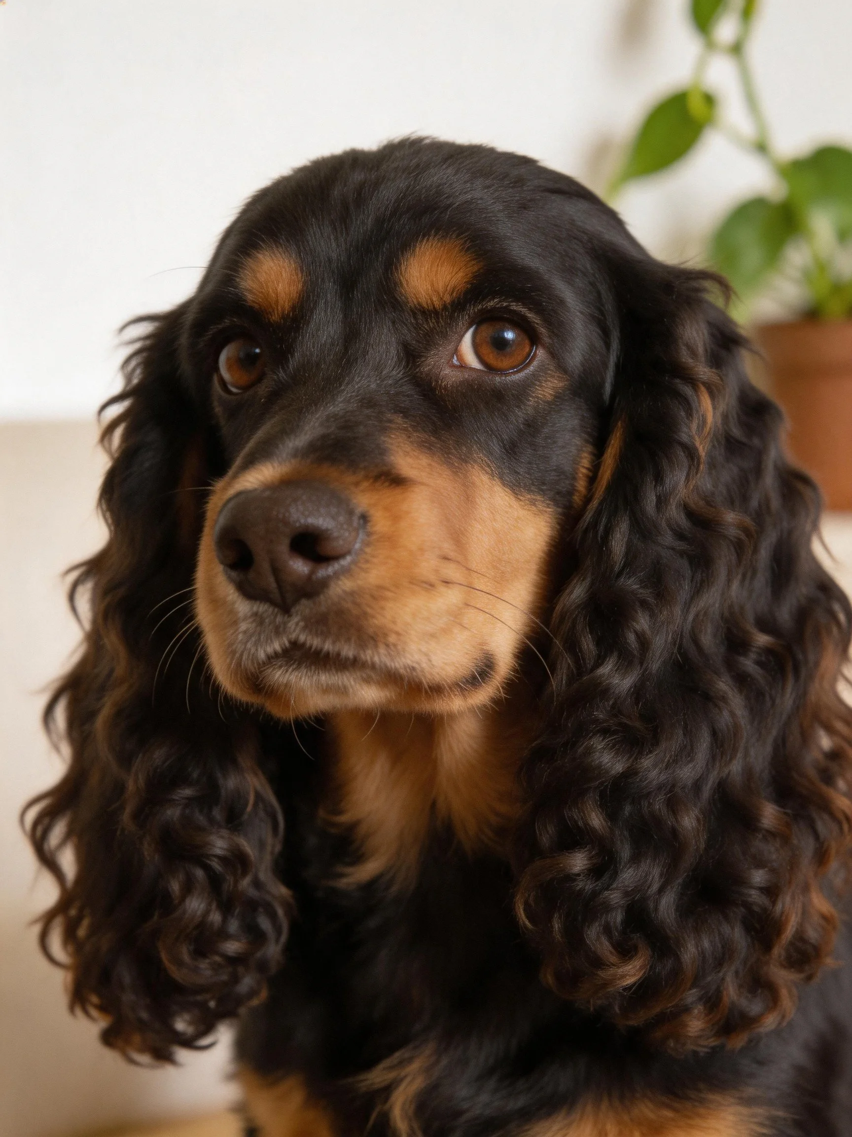 A black and tan dog with long ears sits near a potted plant indoors.