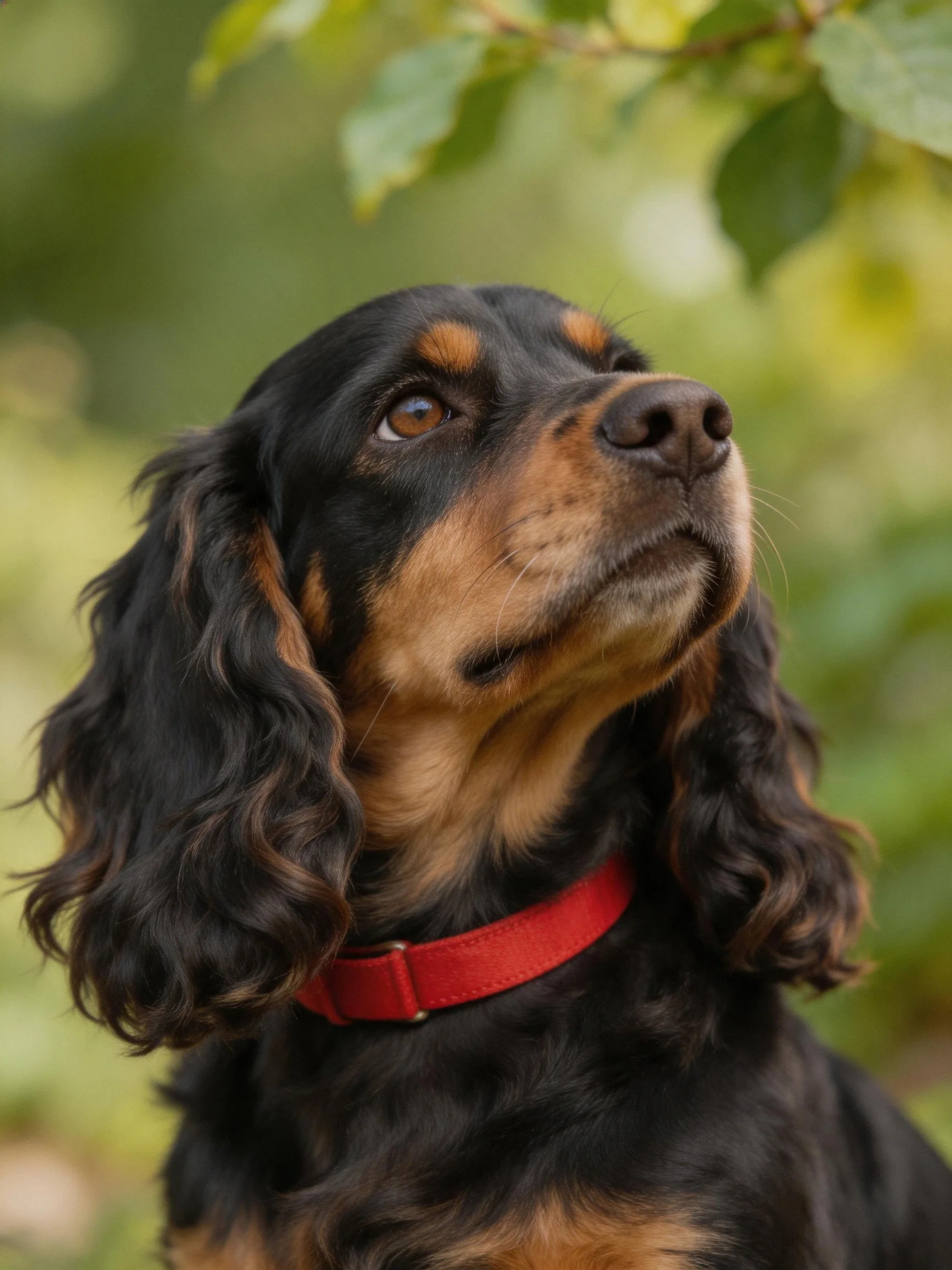 A black and tan dog with a red collar looks upward in a lush, green outdoor setting.