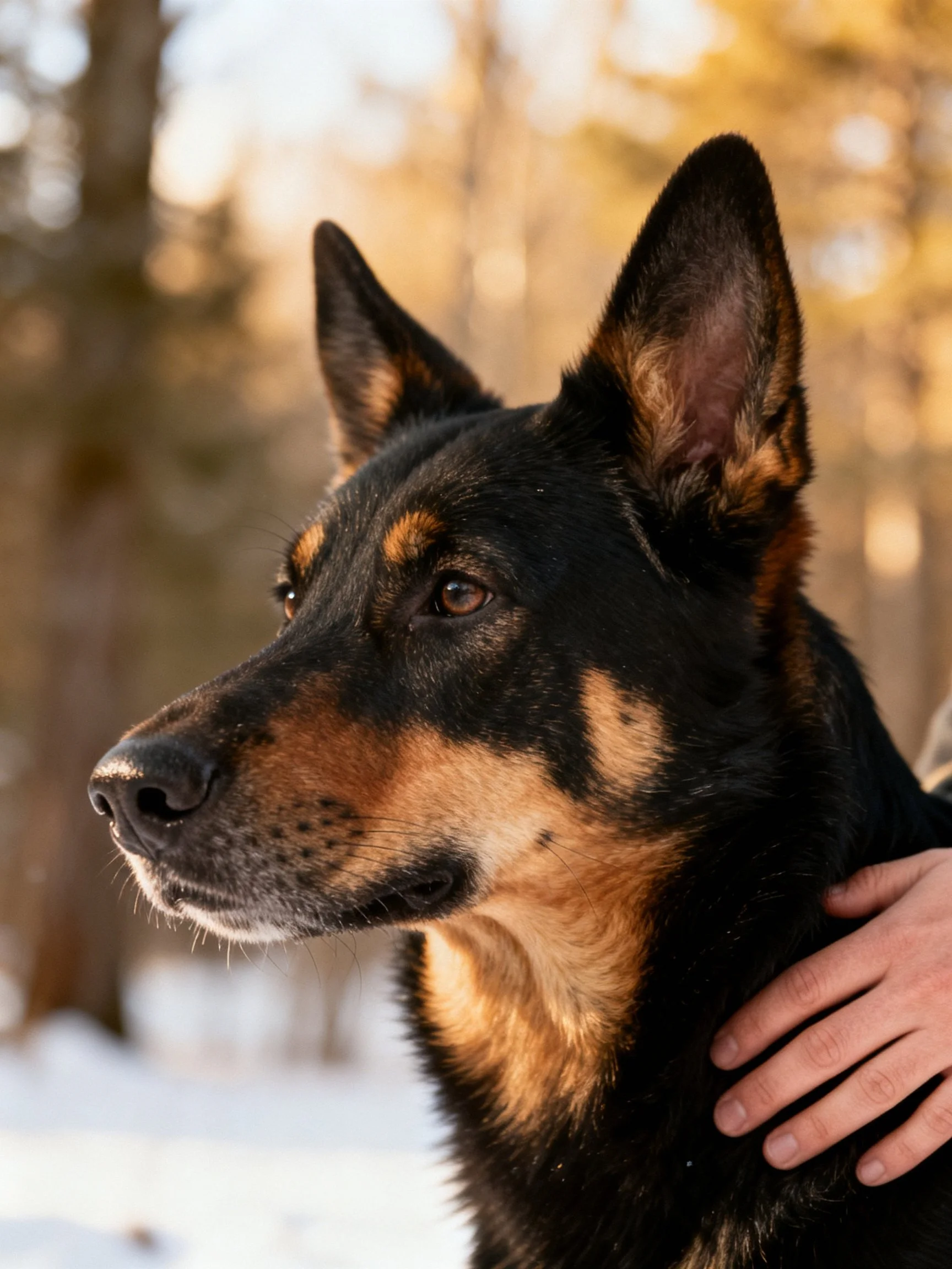 A black and tan dog stands alert in a snowy wooded area with a hand nearby.