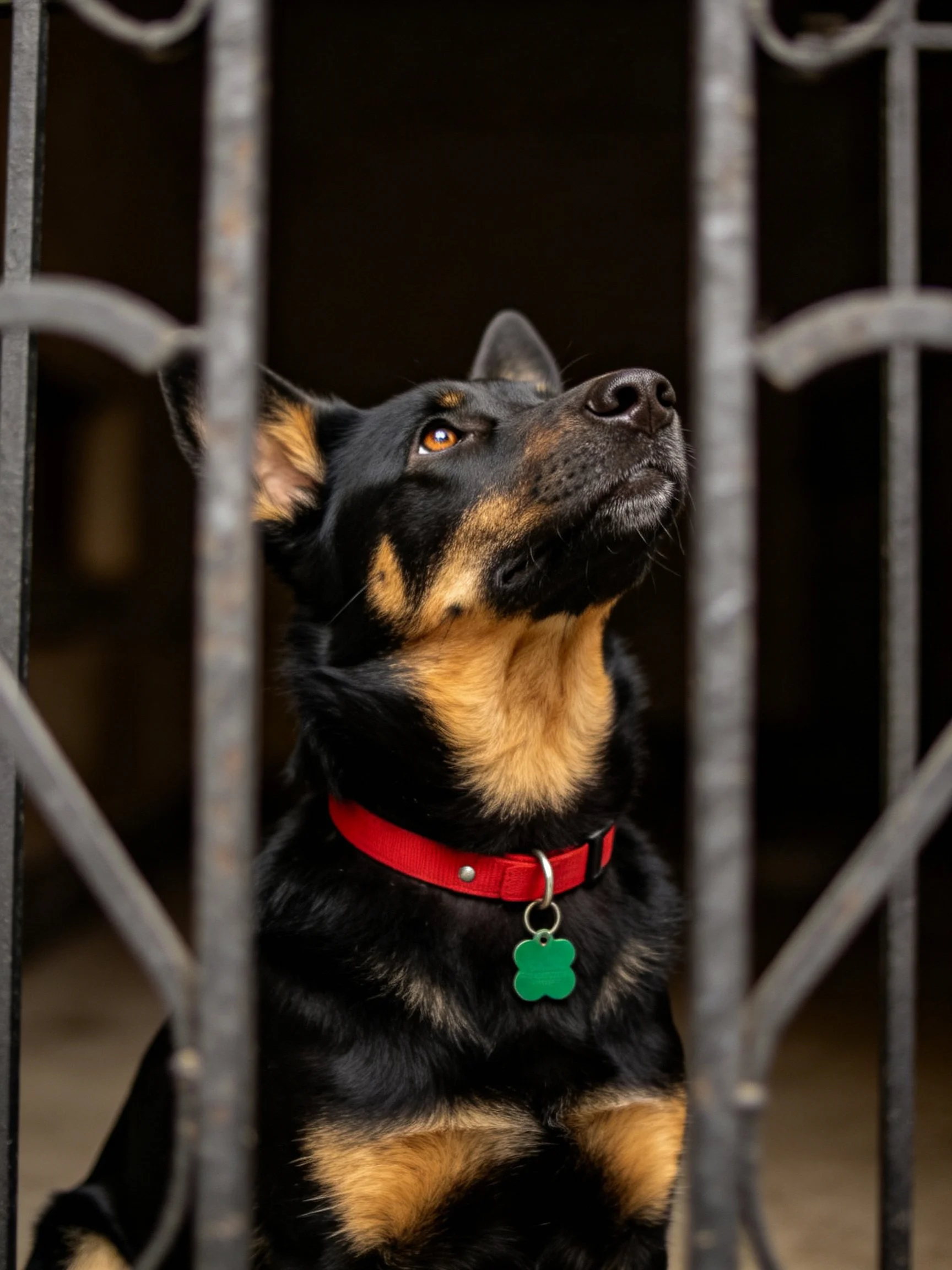 Black and tan dog with red collar behind metal bars