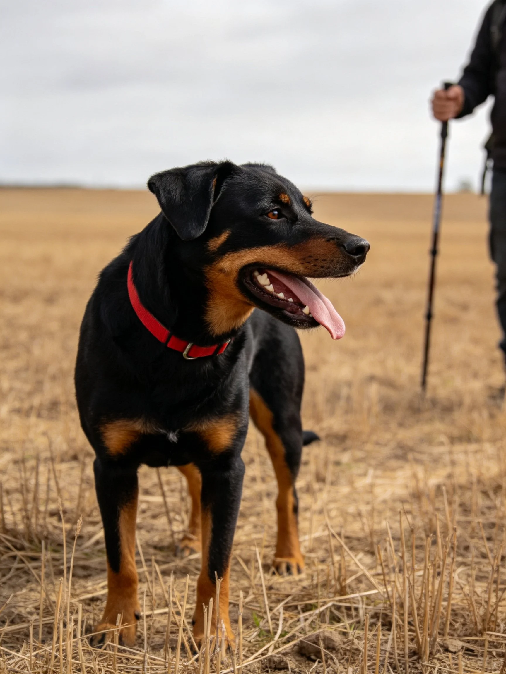A black and tan dog wearing a red collar stands in a dry field close to a hiker.