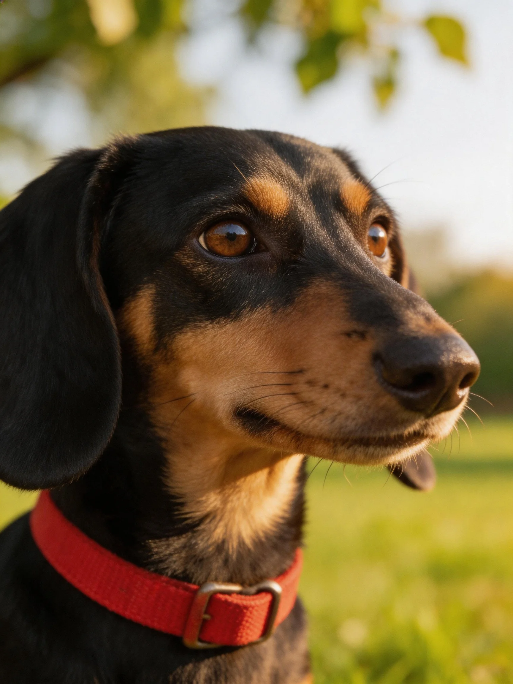 A black and tan dog with a red collar is depicted in a sunlit outdoor environment.