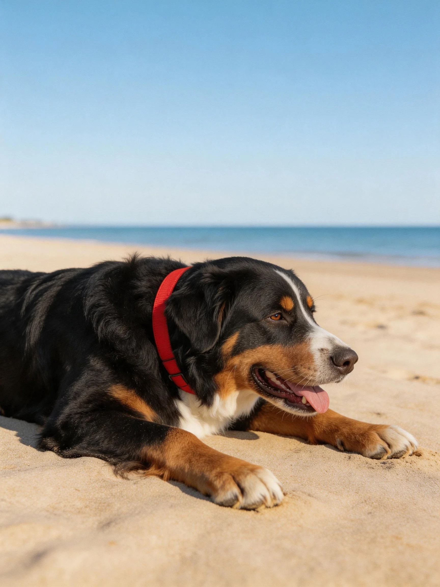 Black and tan dog with red collar lies on sandy beach near calm blue sea