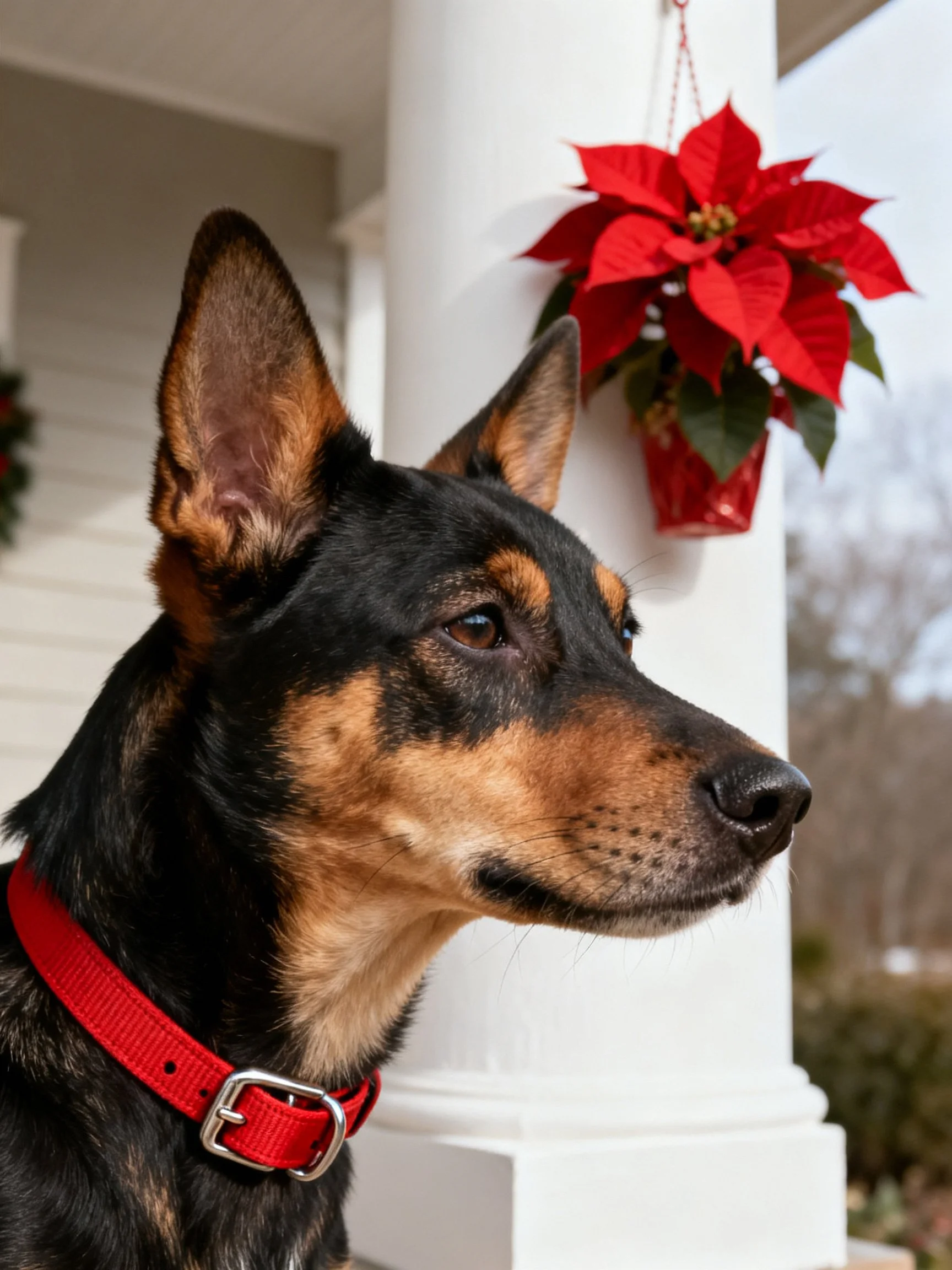 A black and tan dog wearing a red collar stands by a white column with a bright red poinsettia.