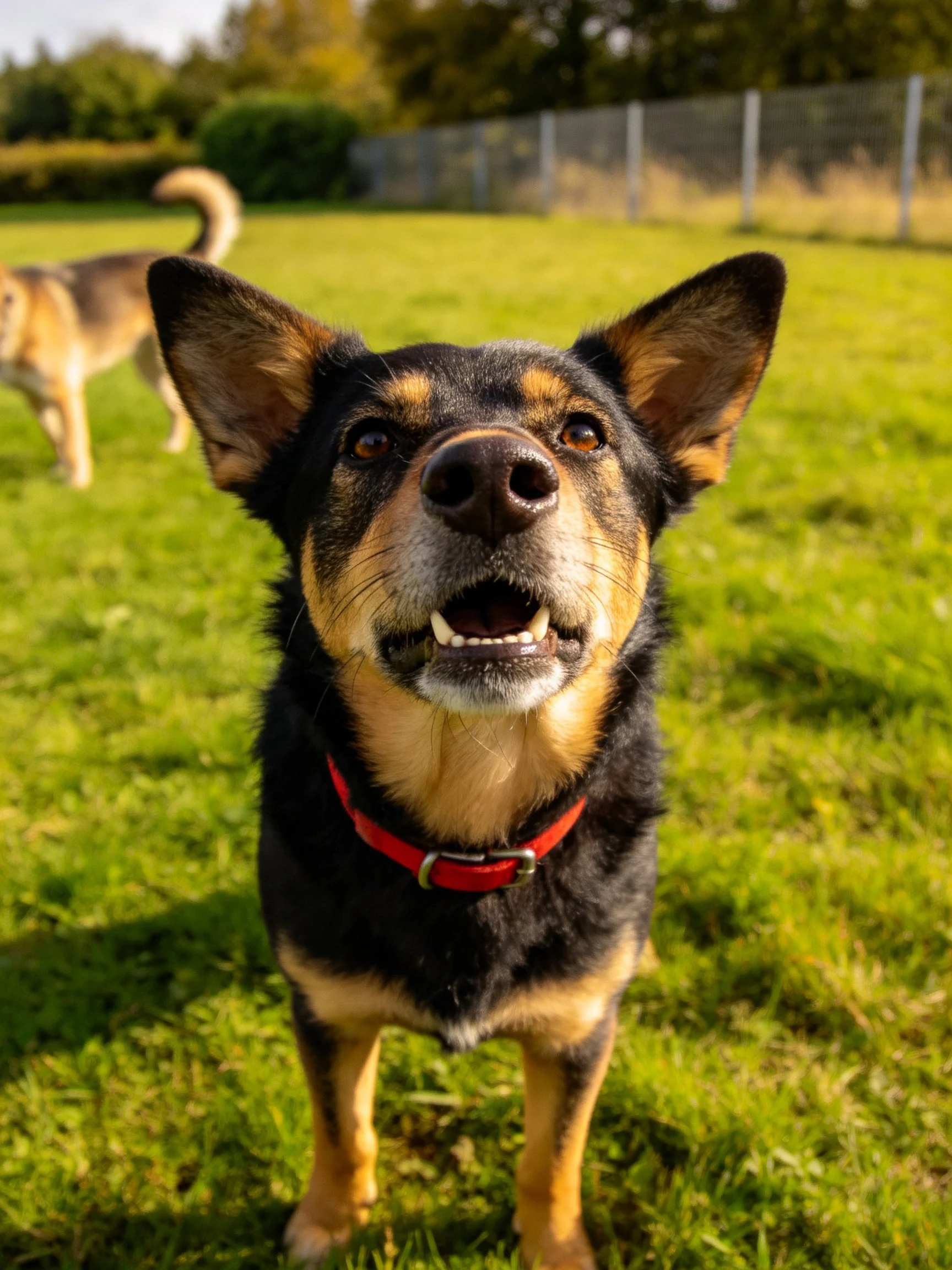 Black and tan dog with red collar on green grass near another dog