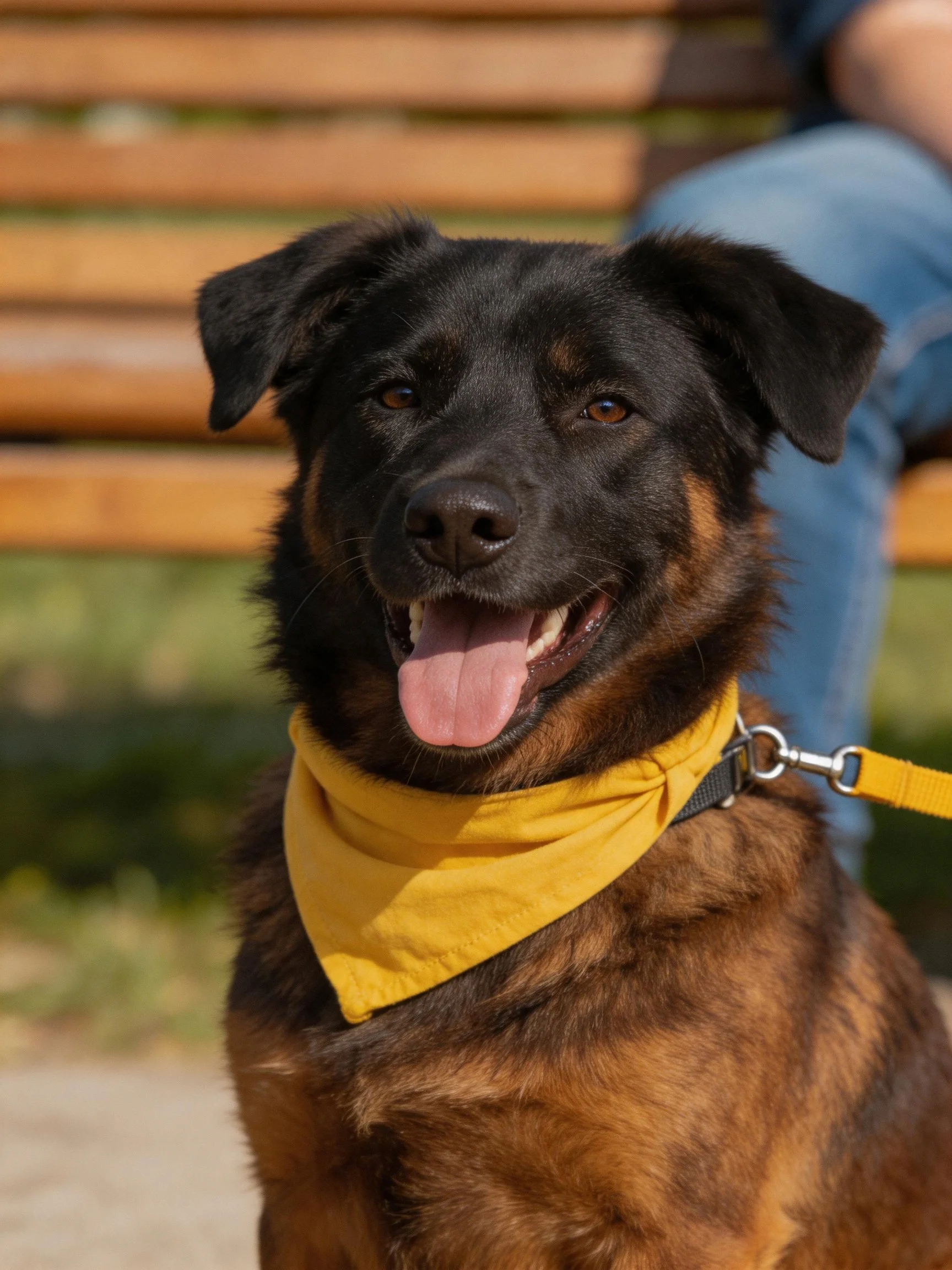 A cheerful black and tan dog with a yellow bandana sits near a person on a wooden bench.