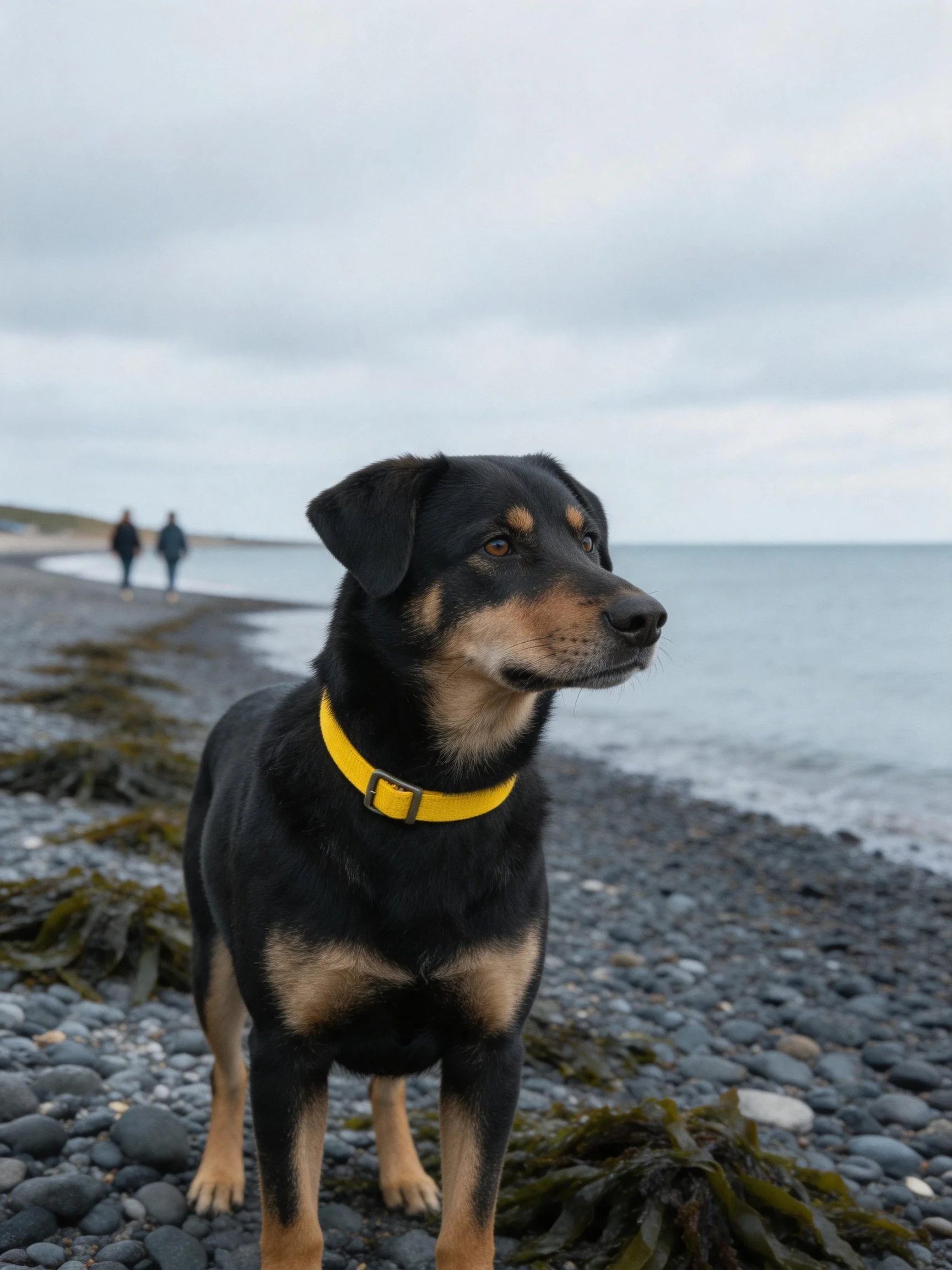 A dog with a yellow collar stands on a pebbly beach near the ocean.