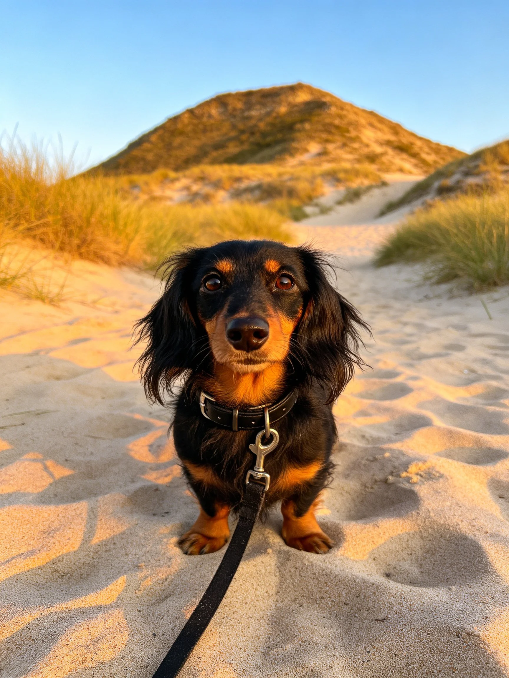 Black and tan long-haired dog on sandy path near grassy hills
