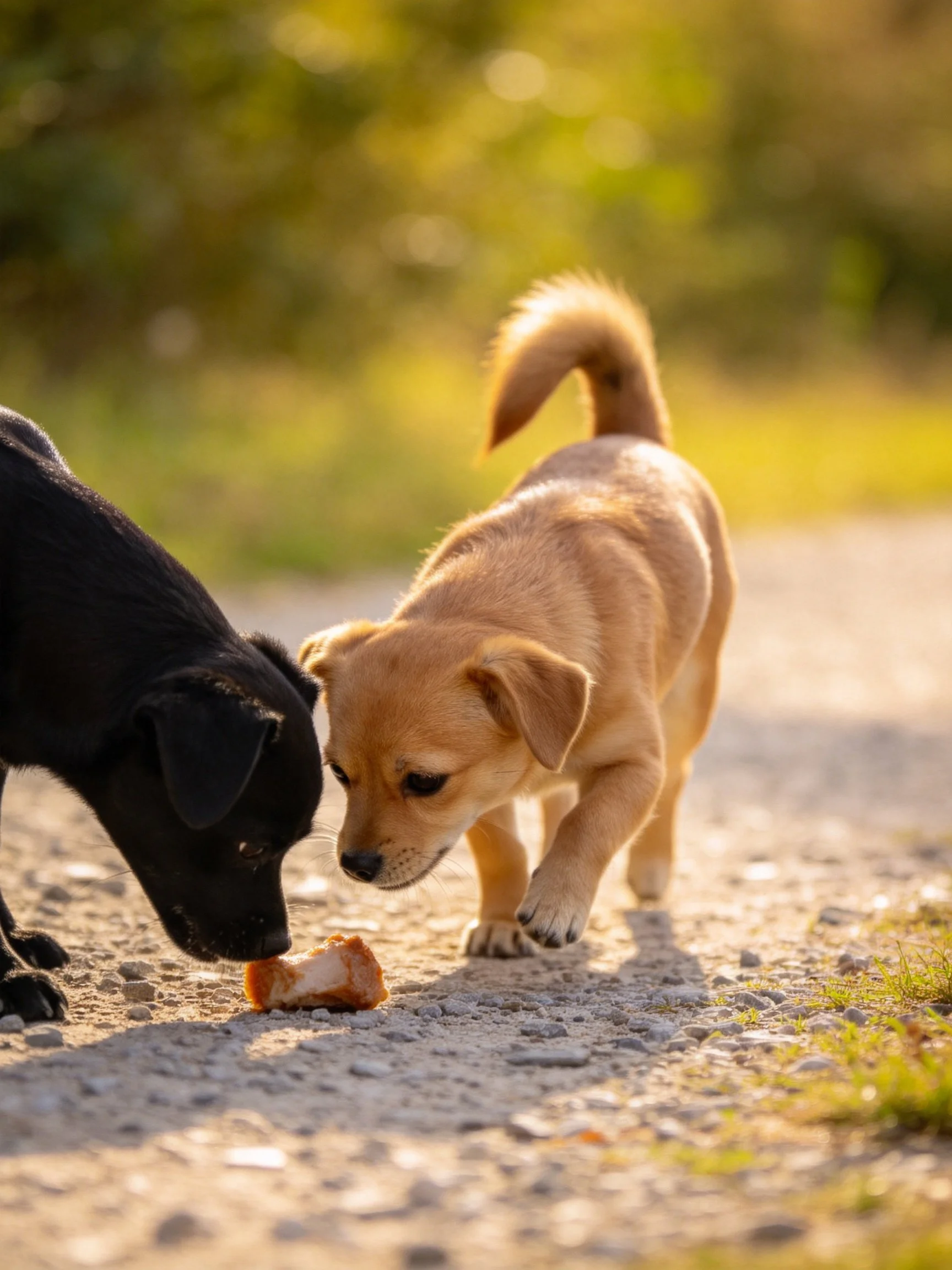 Black and tan puppies sharing food on a gravel path