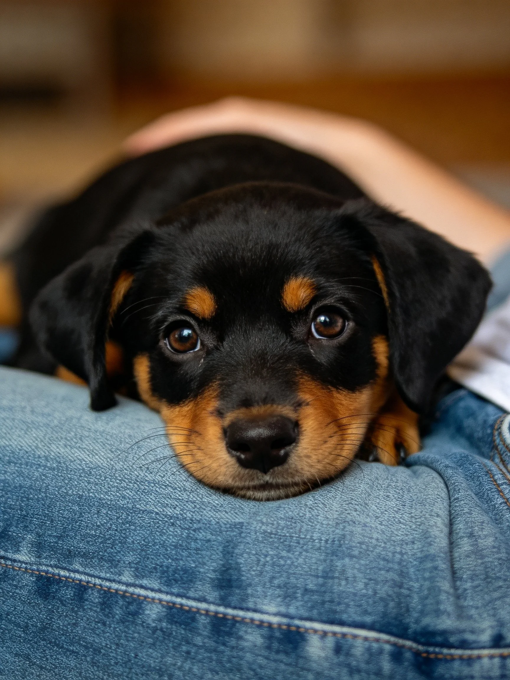 A black and tan puppy relaxes on blue denim while a hand is present.
