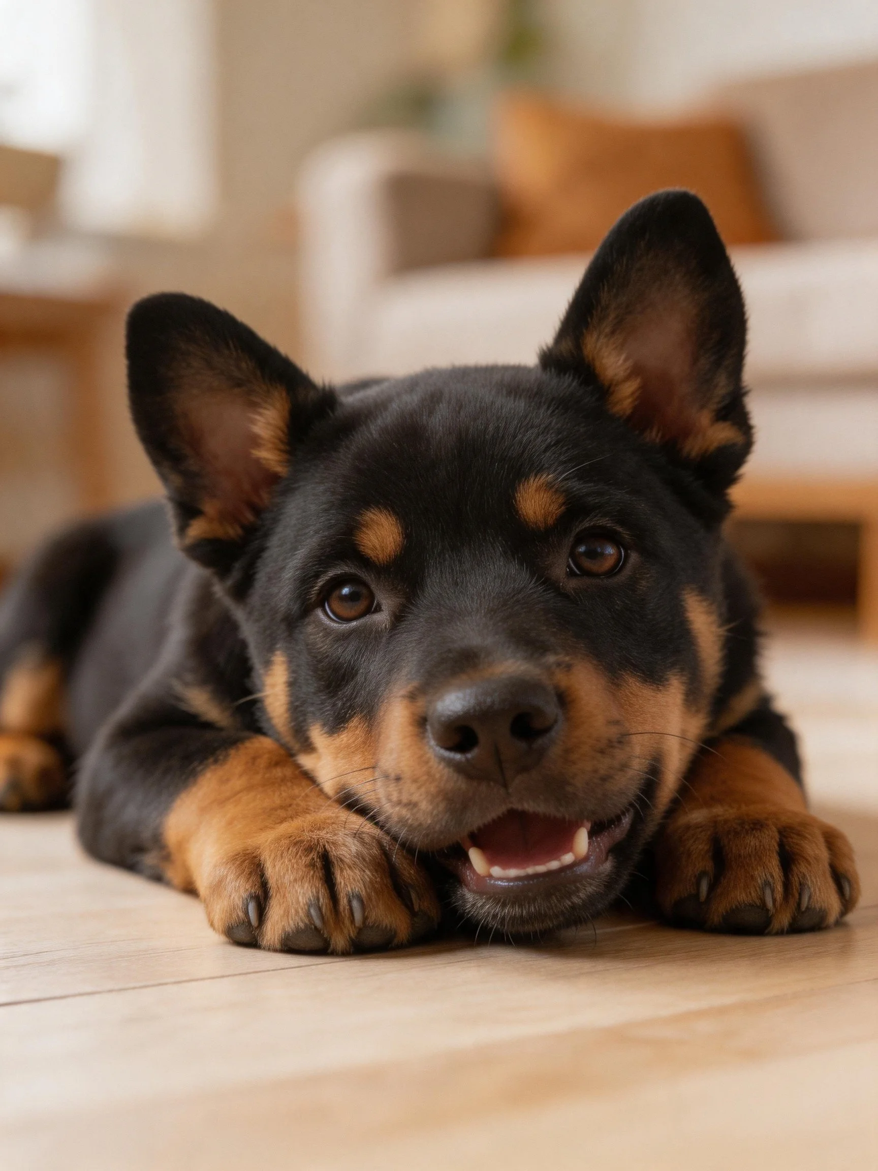 A black and tan puppy relaxes on a wooden floor within a cozy interior space.