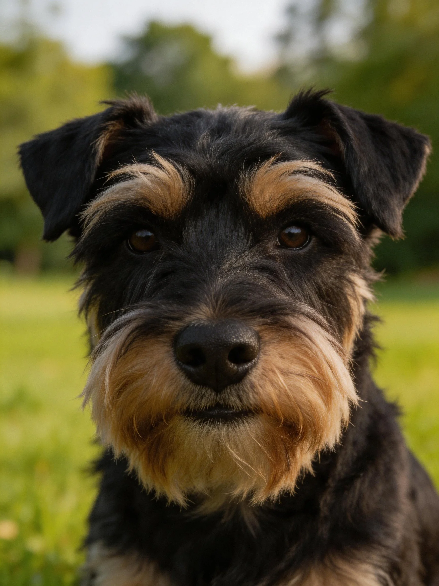 Black and tan terrier with shaggy fur in outdoor greenery
