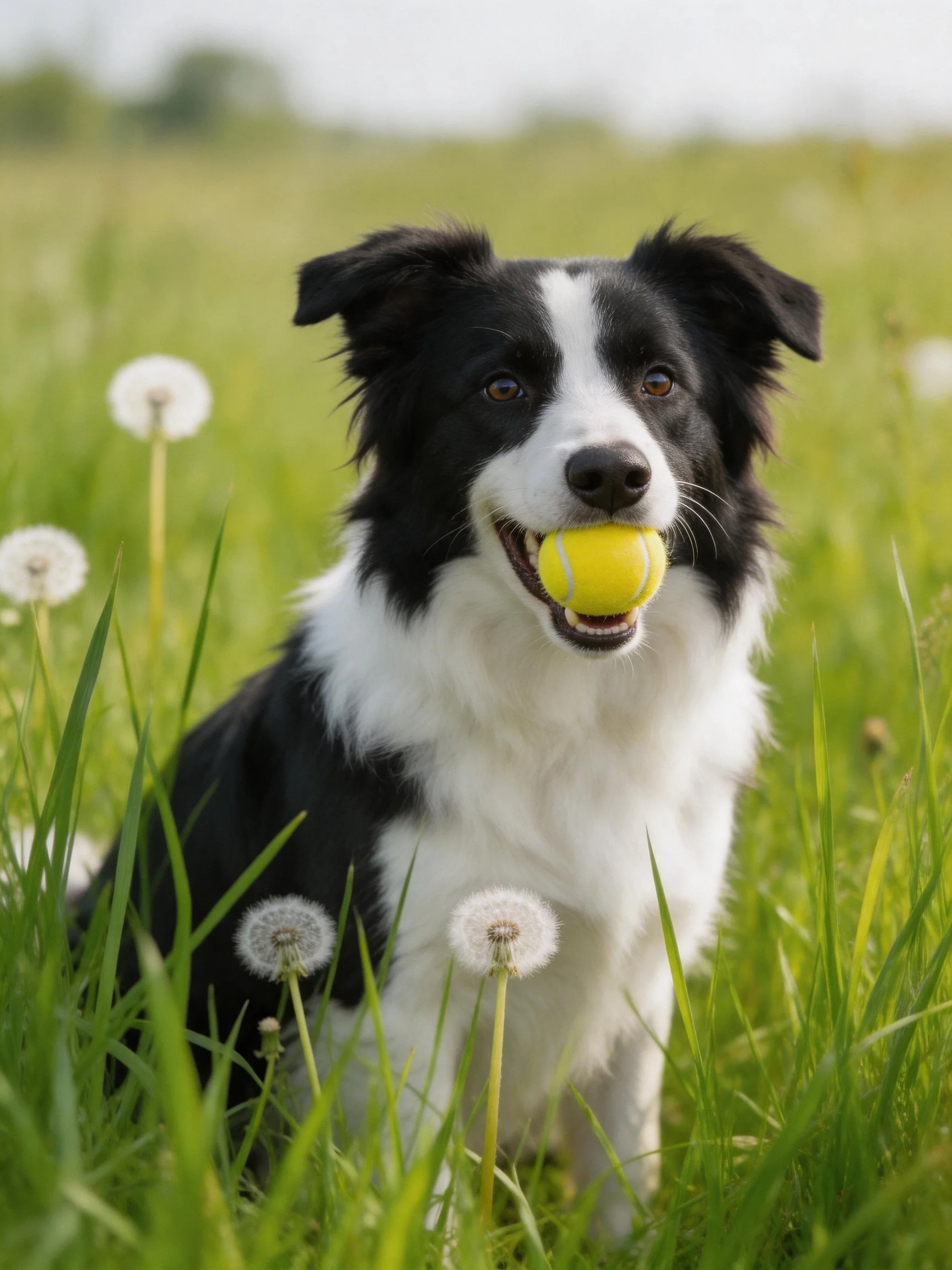 A black and white Border Collie sits in a grassy meadow with a yellow tennis ball in its mouth.