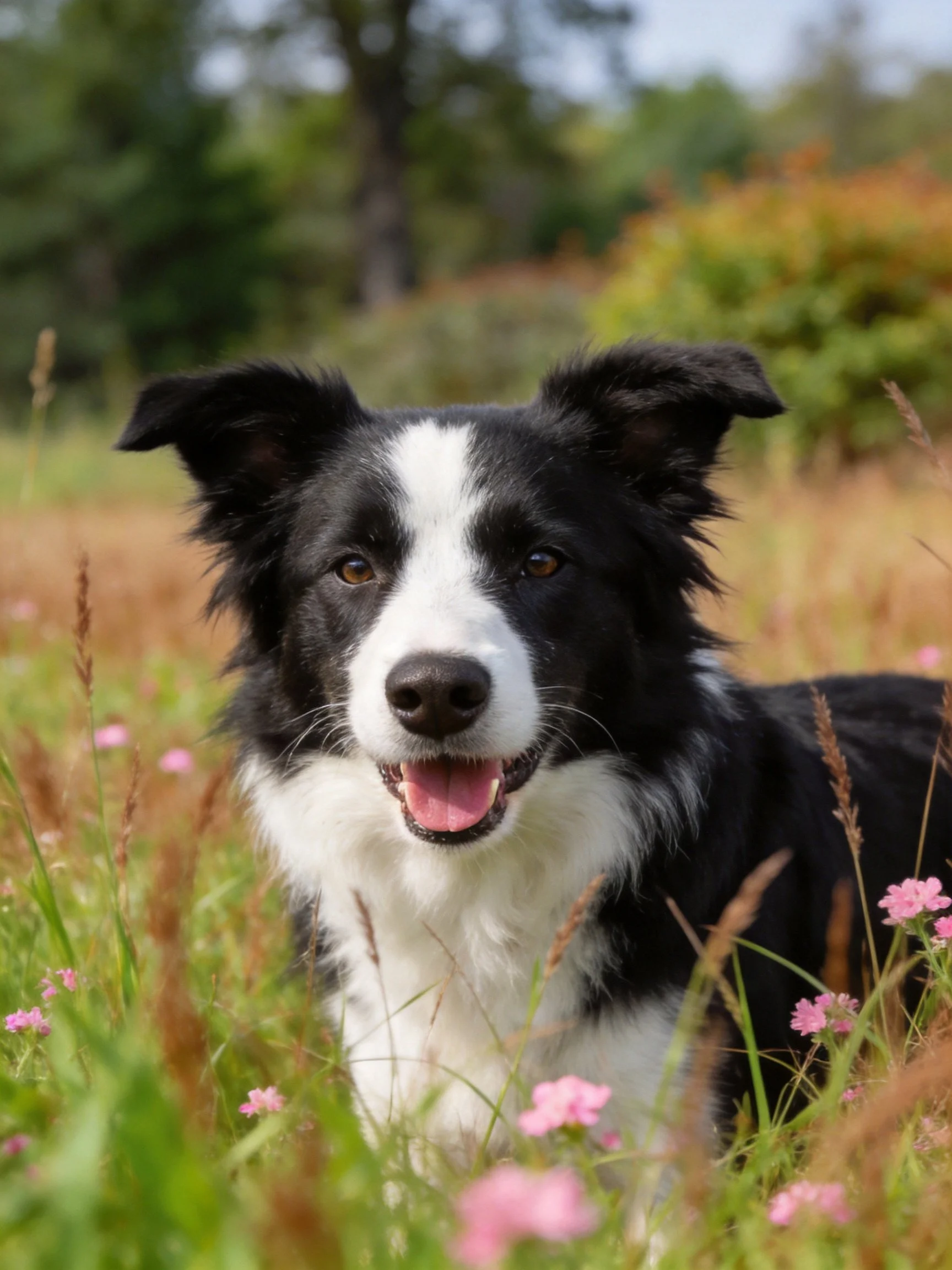 A black and white Border Collie sits among tall grass and pink flowers.