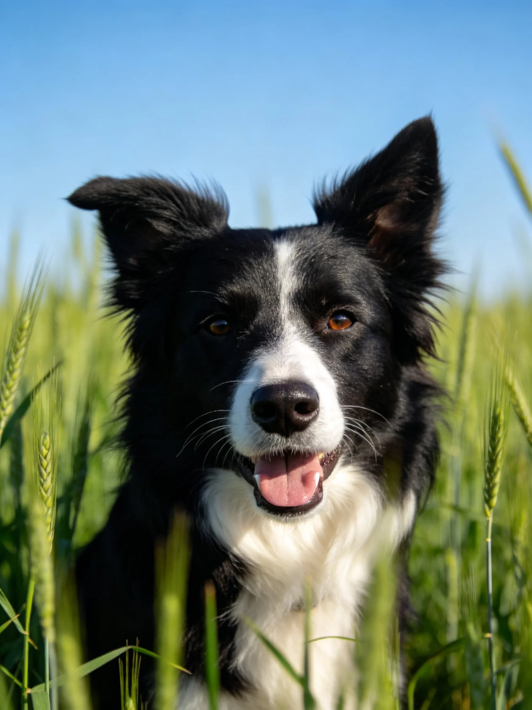 A black and white Border Collie stands in a sunlit wheat field.
