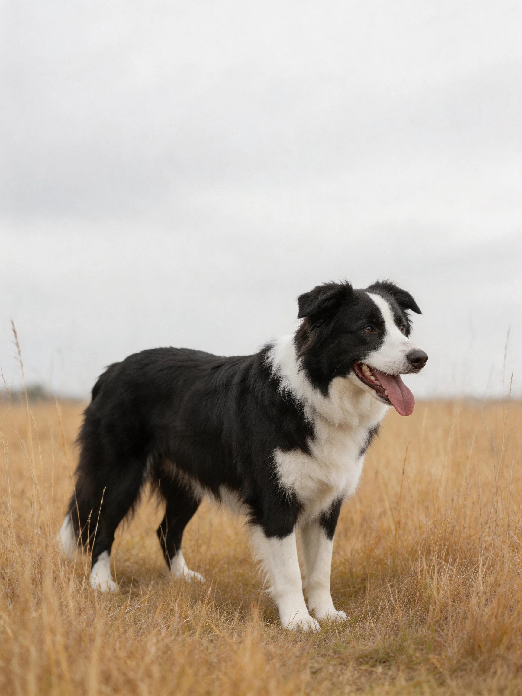 A black and white Border Collie stands alert in a grassy field under an overcast sky.