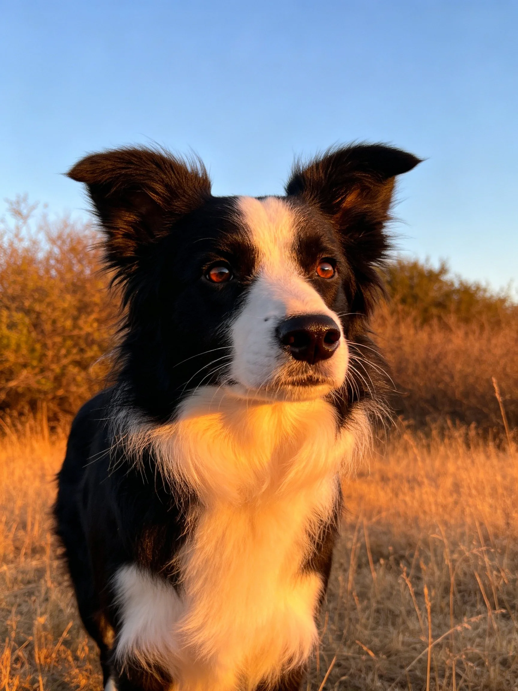 A black and white Border Collie is photographed in a sunlit grassy area with bushes.