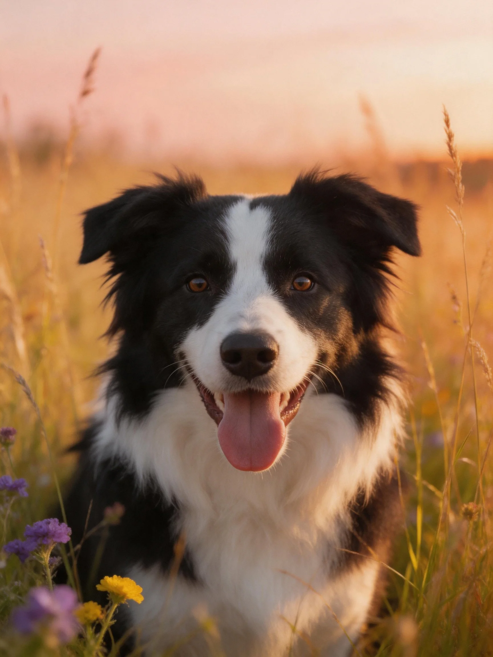 A black and white Border Collie enjoys a sunlit meadow with tall grass and wildflowers.