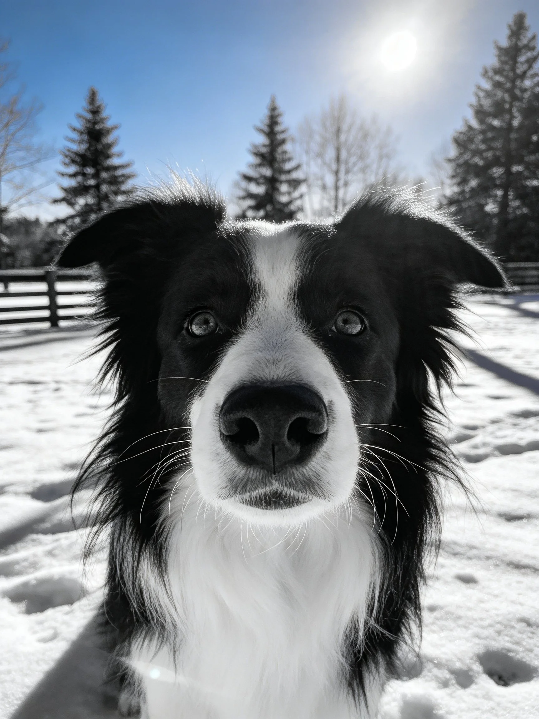 A black and white Border Collie is photographed outdoors in a snowy environment with trees.