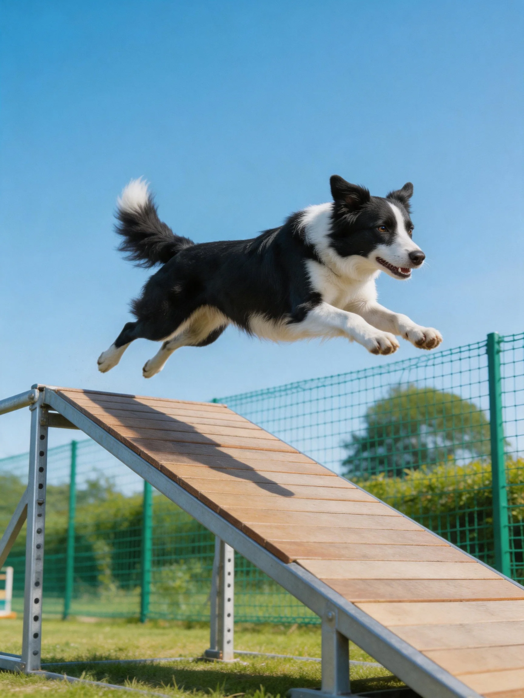 A black and white Border Collie jumps over a wooden obstacle outside.