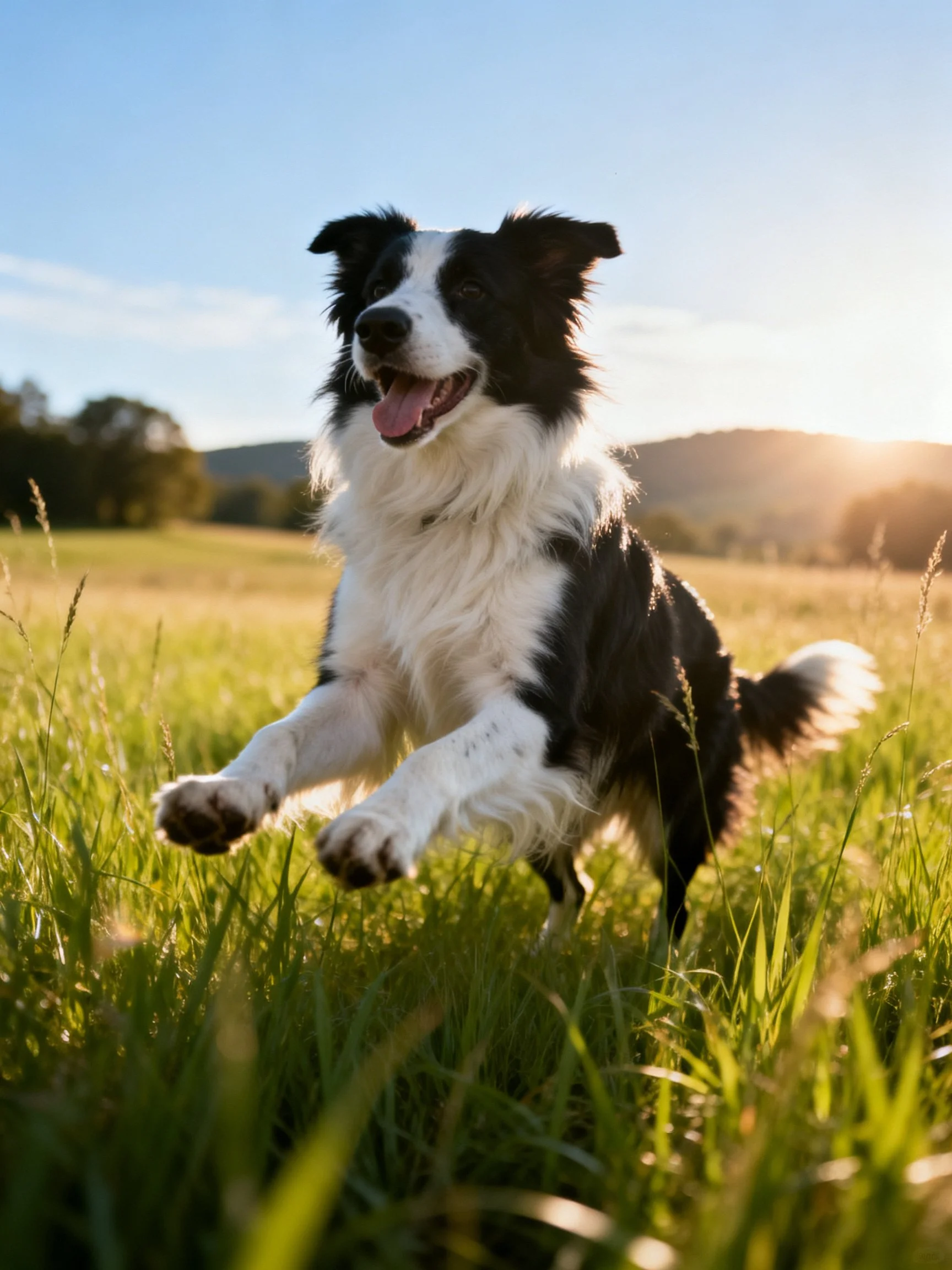 A black and white Border Collie jumps energetically in a sunlit grassy field.