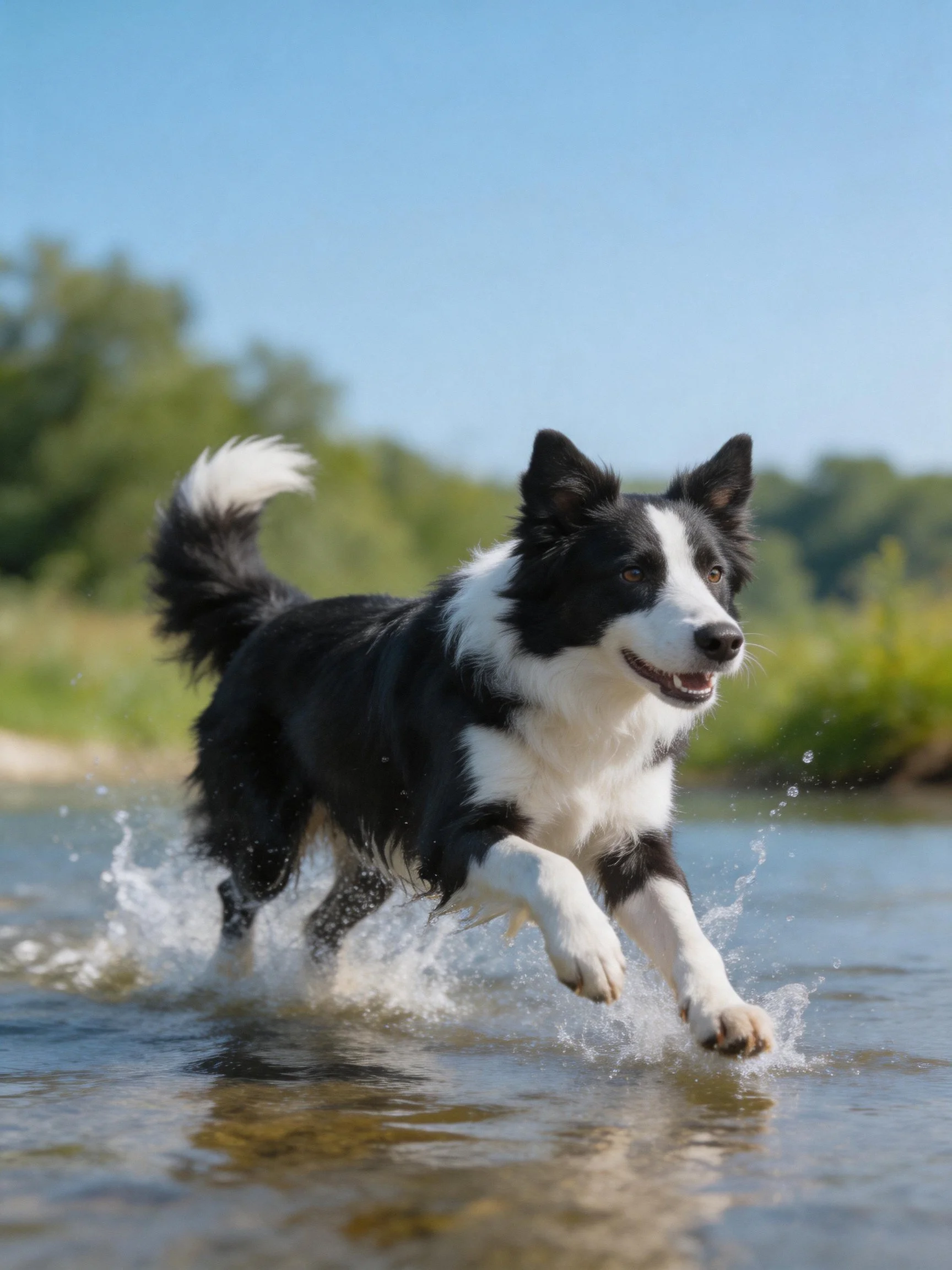 A black and white Border Collie runs energetically through shallow water.