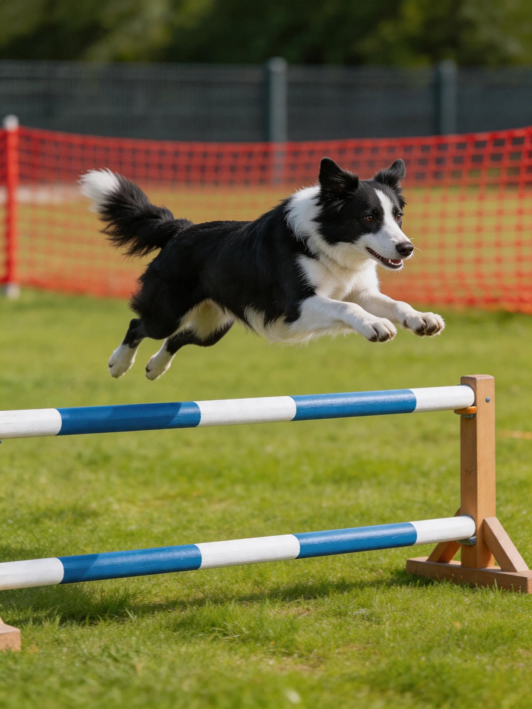 Black and white Border Collie leaps over blue hurdles