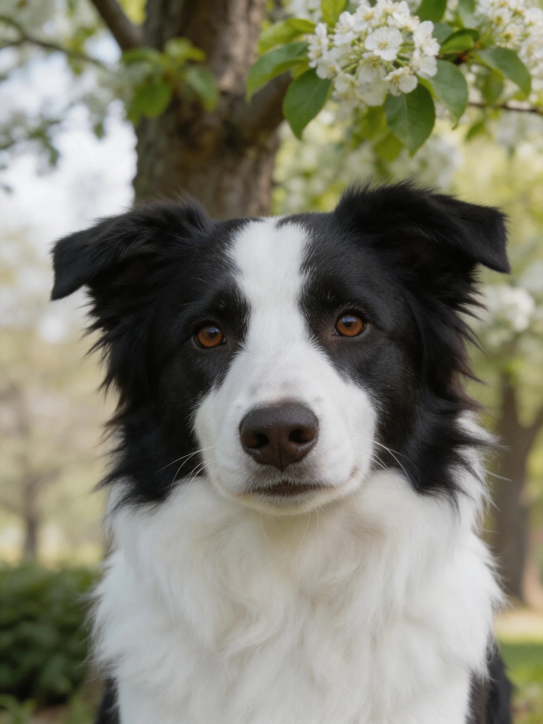 A black and white Border Collie stands near flowering tree branches.