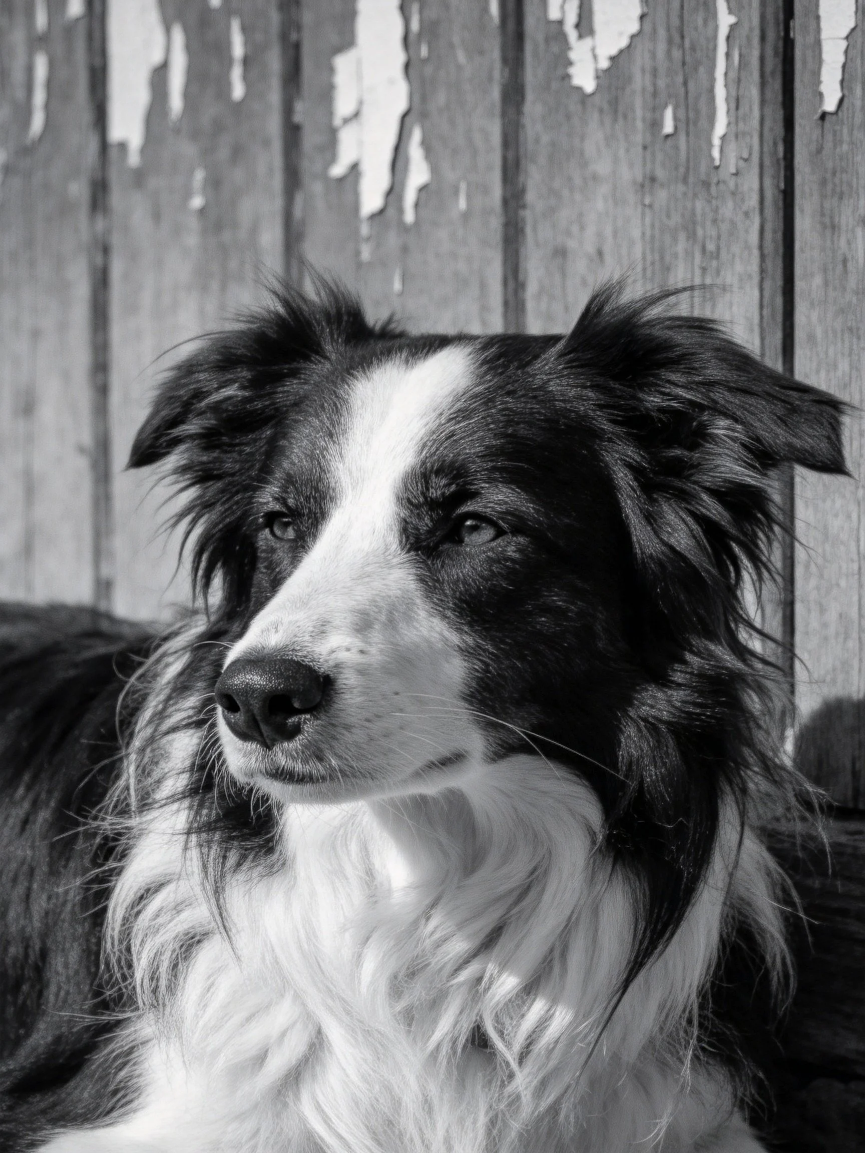 A black and white Border Collie gazes thoughtfully beside an aged wooden fence.