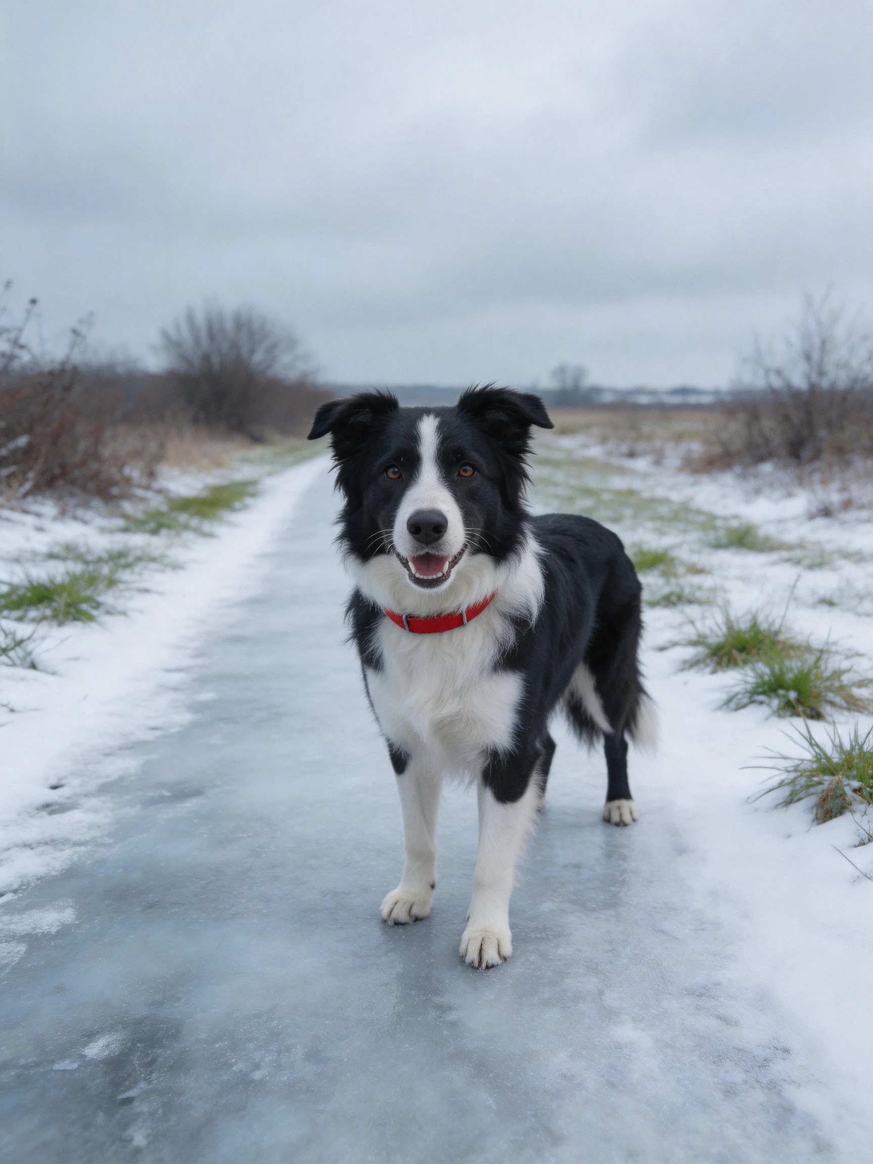 A black and white Border Collie stands on a snowy, icy path in a wintry landscape.