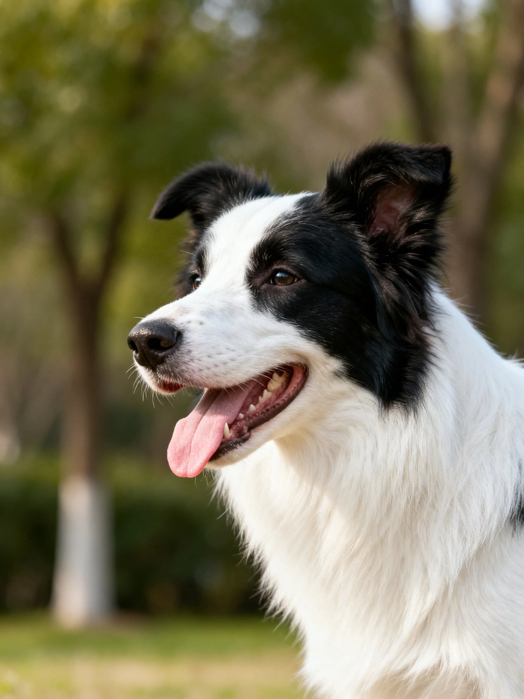 Black and white Border Collie pants happily in a sunlit area with trees.