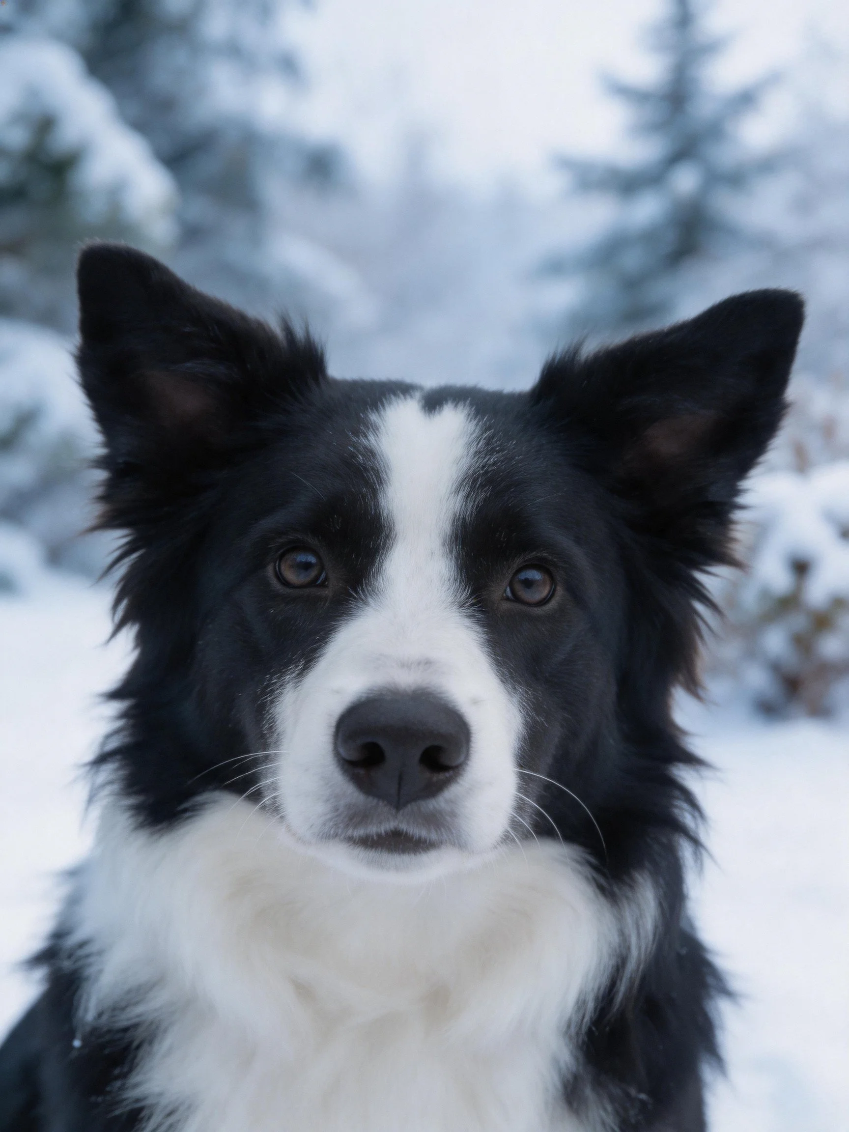 A black and white Border Collie stands amidst a snow-laden natural backdrop.